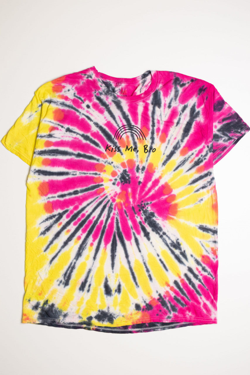 Kiss Me Bro Yellow and Pink Tie Die Screen Print T-Shirt