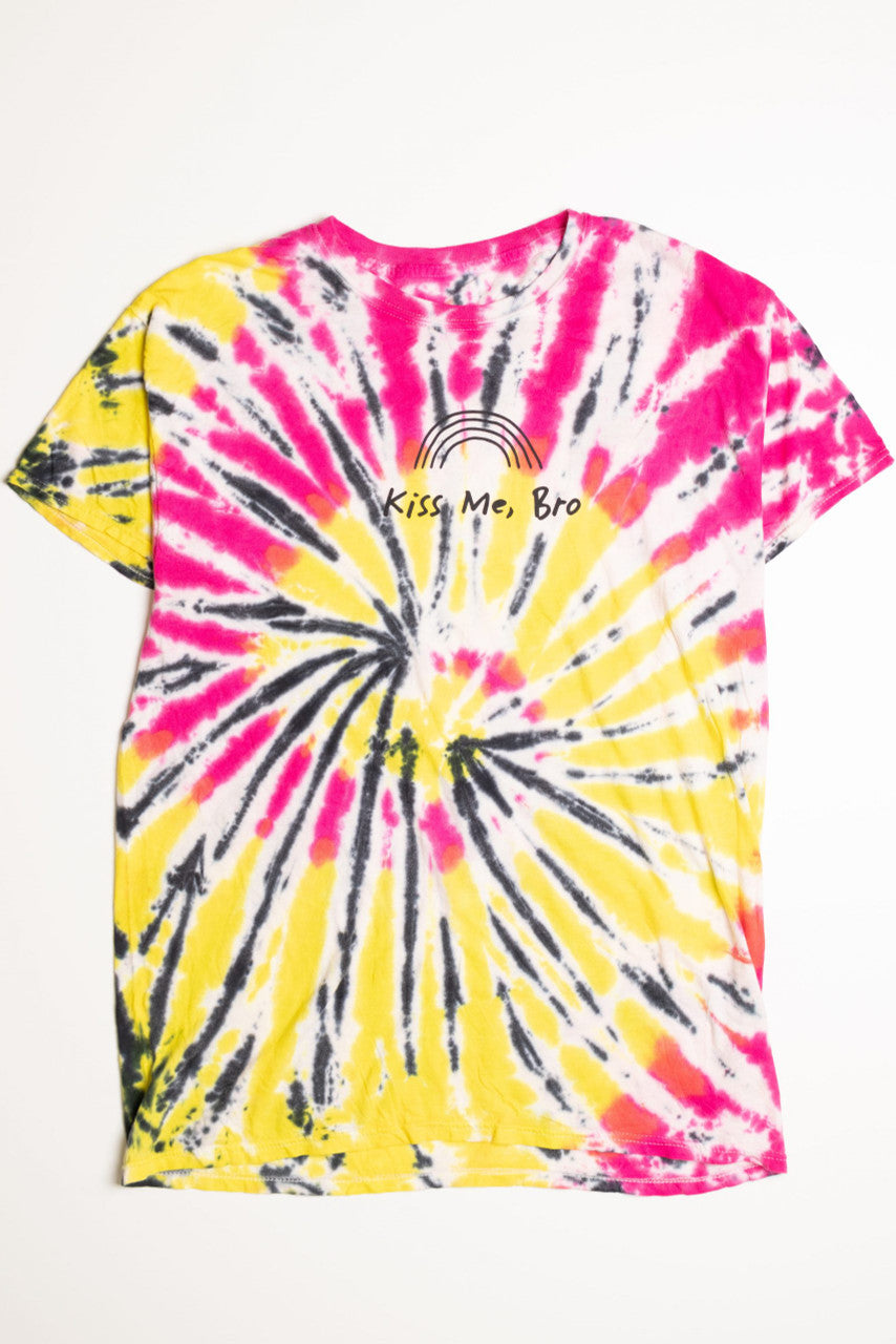Kiss Me Bro Pink and Yellow Tie Die Screen Print T-Shirt