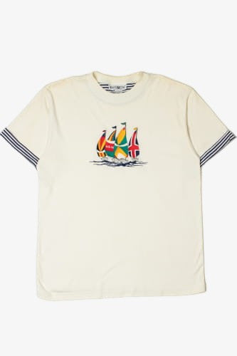 Vintage Nautical Sailing Striped Sleeve Hem T-Shirt