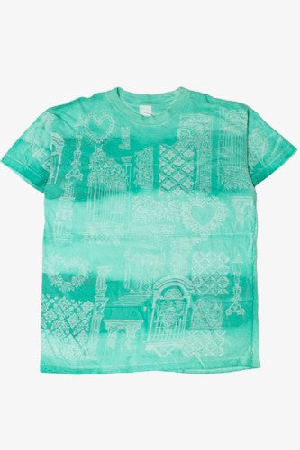Vintage Lattice Heart Print Tie Dye T-Shirt