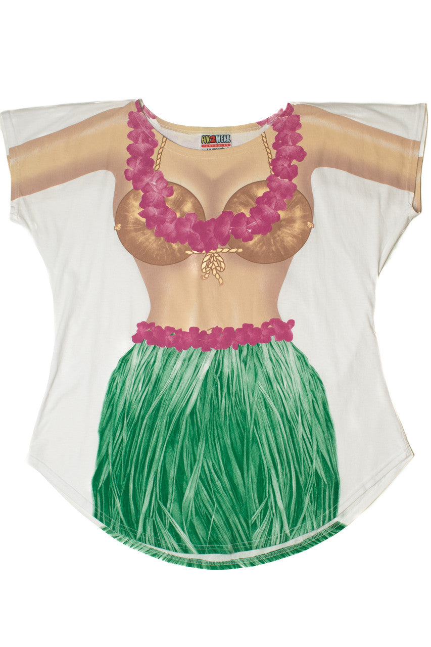 Vintage Hula Grass Skirt Beach Swimsuit Cover-Up T-Shirt (1990s)