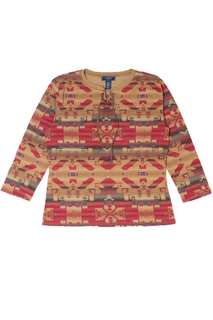 Vintage Y2K Southwest Lace-Up 3/4 Sleeve T-Shirt Top