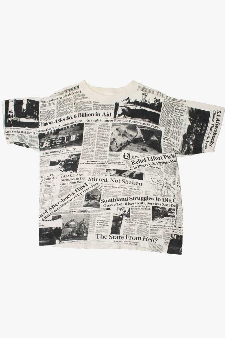 Vintage California Earthquake Disaster Newsprint All Over Print T-Shirt