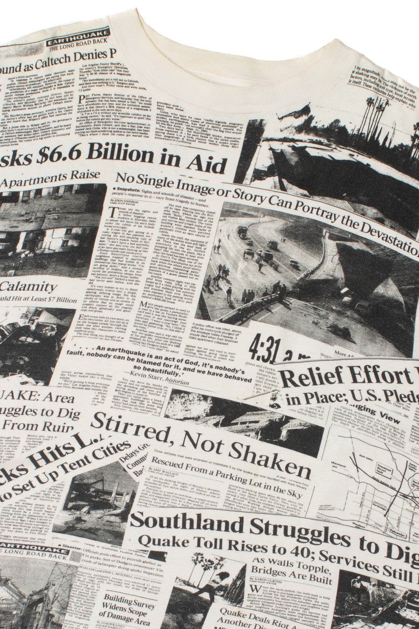 Vintage California Earthquake Disaster Newsprint All Over Print T-Shirt