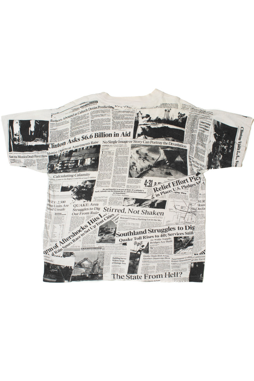 Vintage California Earthquake Disaster Newsprint All Over Print T-Shirt