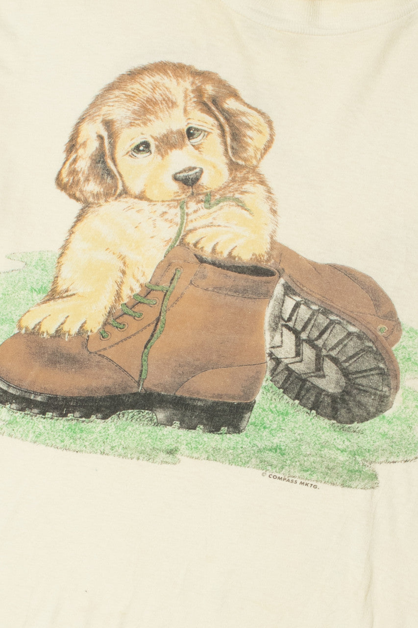 Vintage Puppy With Boot Front/Back Print T-Shirt