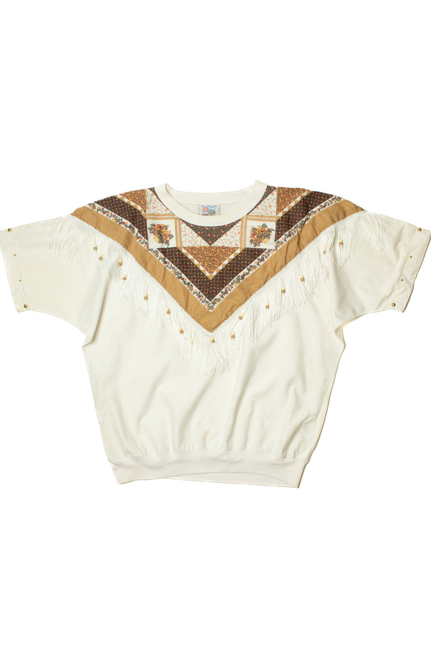 Vintage Quilt Print Beaded Fringe Hazelwood T-Shirt
