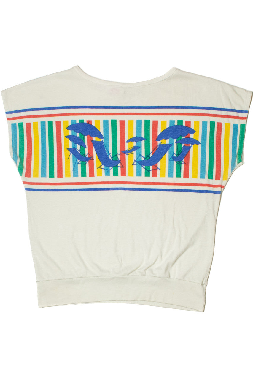 Vintage Beach Scene Striped Cinch Waist T-Shirt