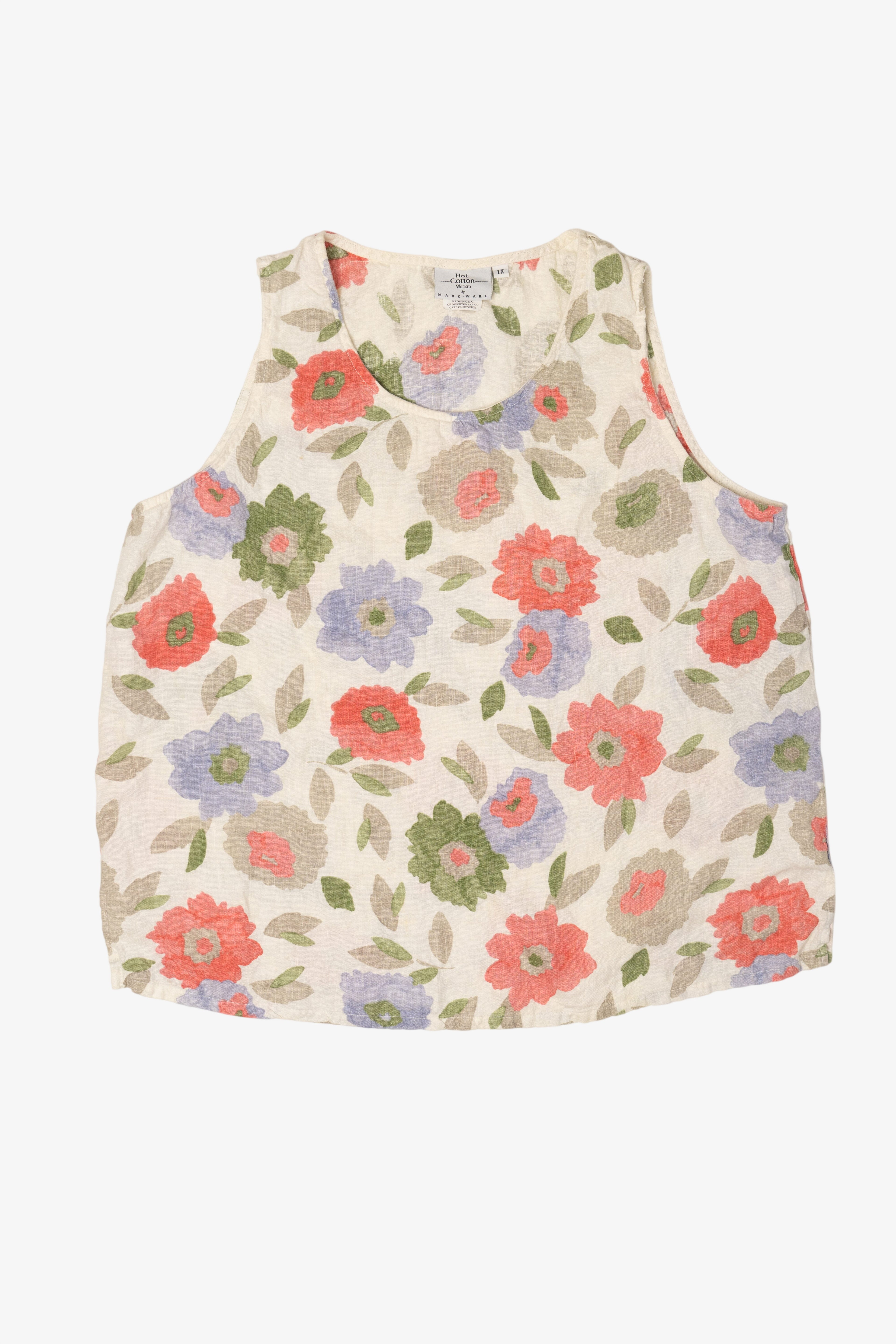 Vintage Linen Hot Cotton Floral Sleeveless Shirt (2000s)