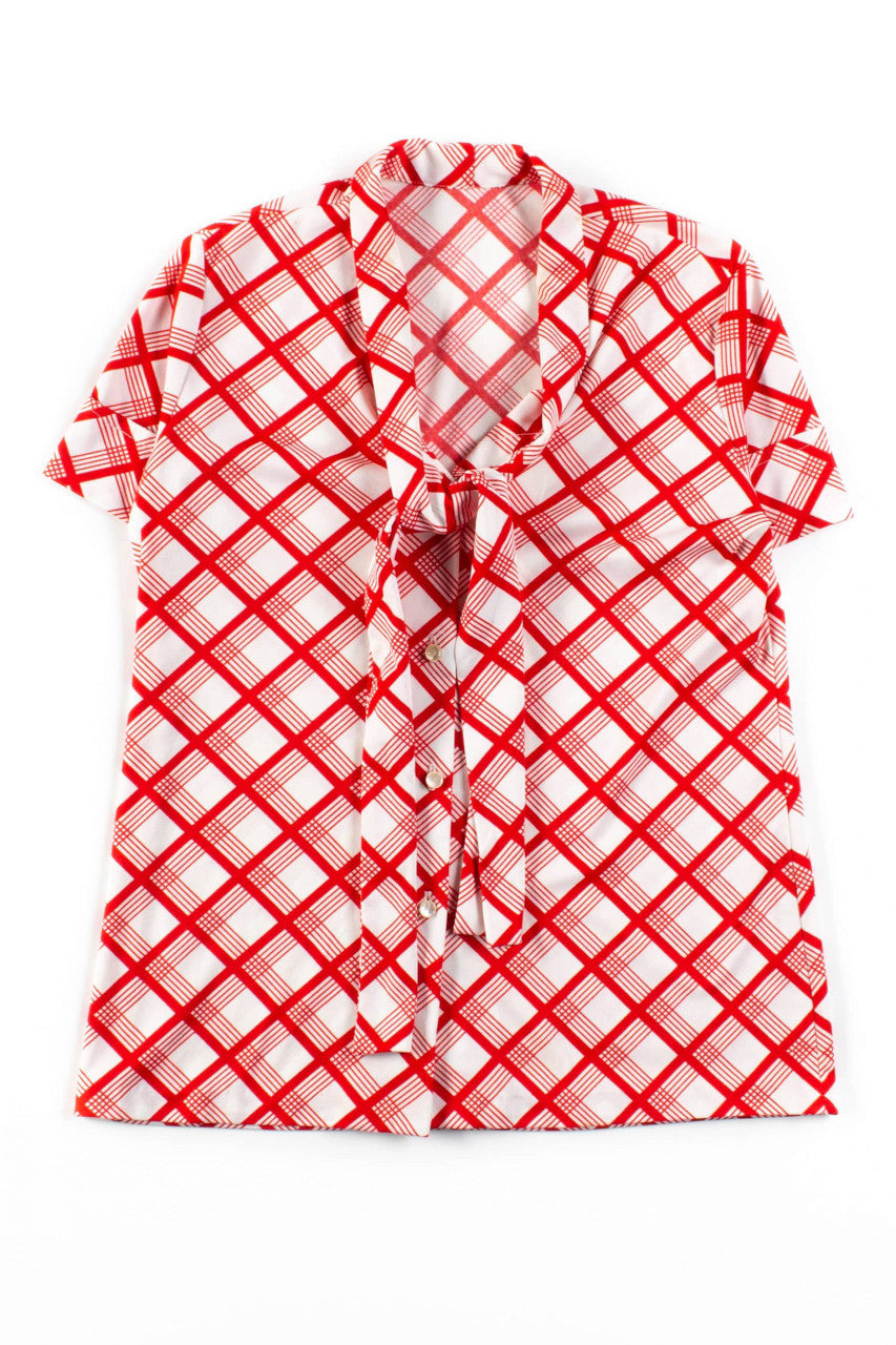 Vintage Red Check Tie Neck Blouse