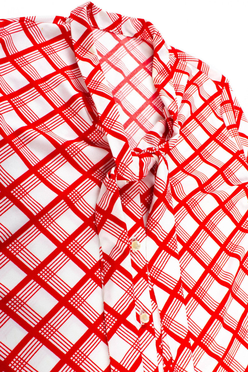 Vintage Red Check Tie Neck Blouse