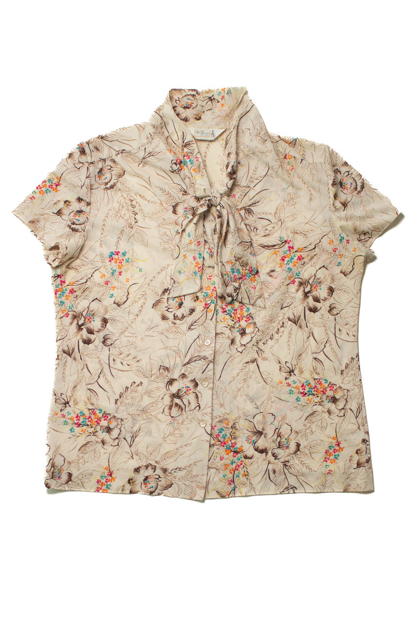 Vintage Beige Floral Tie Neck Top (sz. Medium)