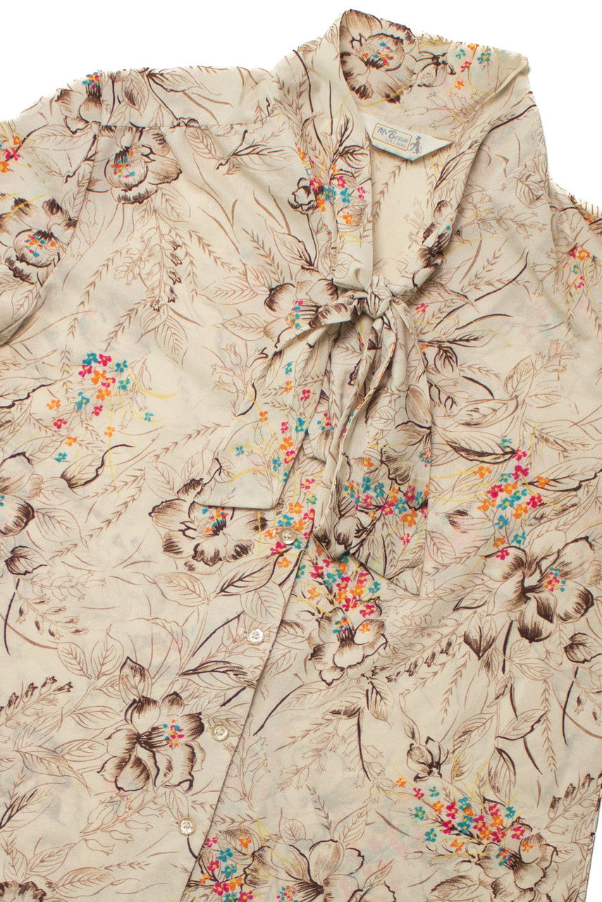 Vintage Beige Floral Tie Neck Top (sz. Medium)