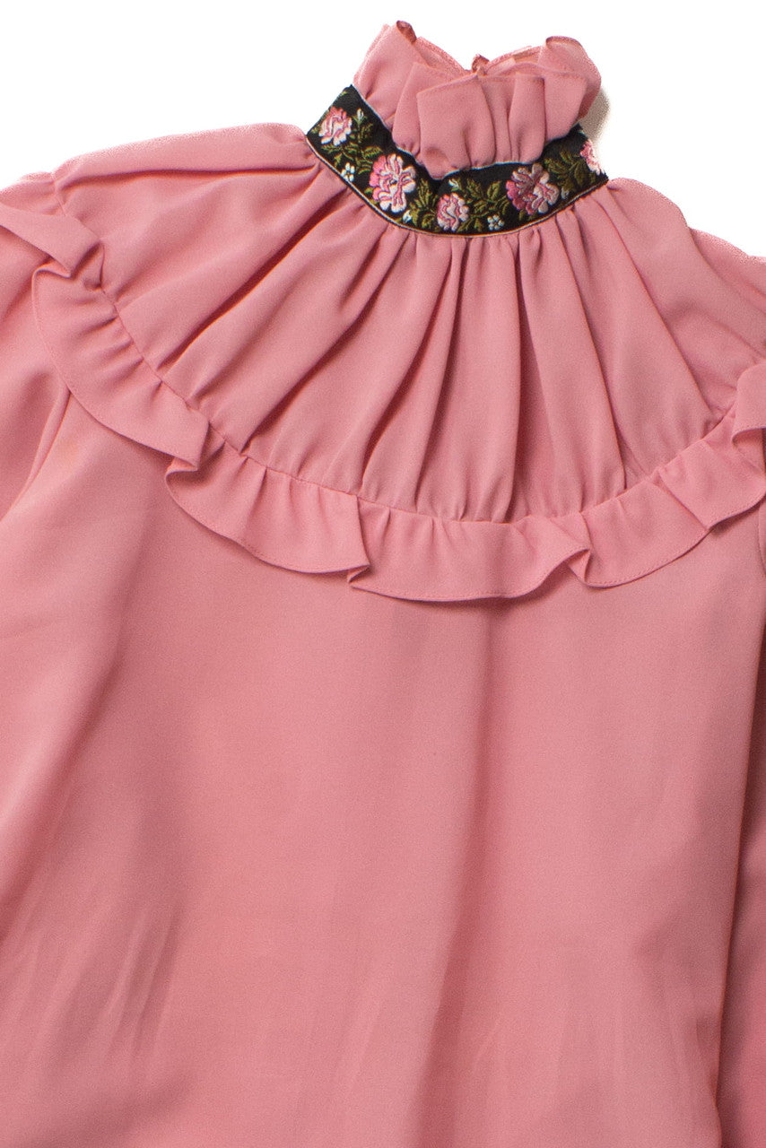 Vintage Pink Floral Ruffle Blouse (1980s)