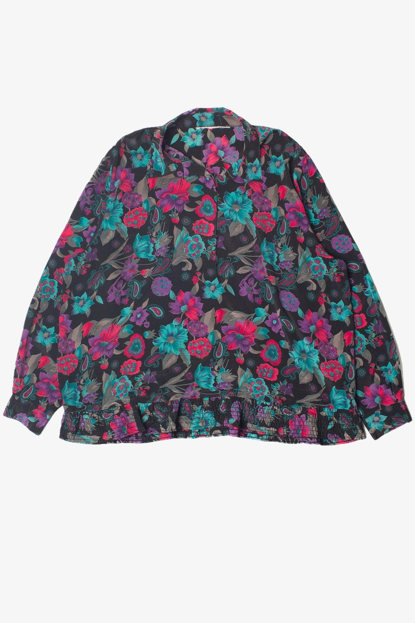 Vintage Floral Smock Hem Long Sleeve Blouse
