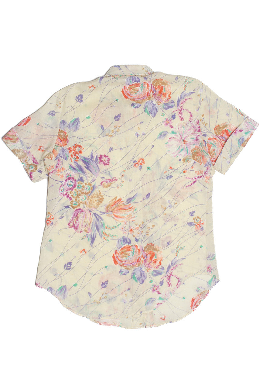 Vintage Floral Semi-Sheer Short Sleeve Button Up Blouse