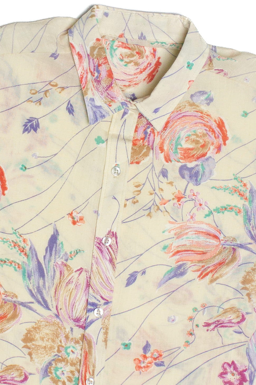 Vintage Floral Semi-Sheer Short Sleeve Button Up Blouse