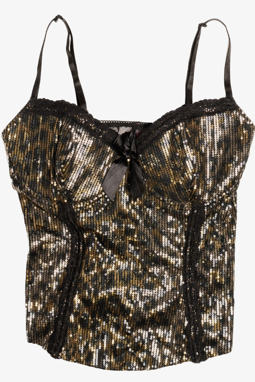 Gold Sequin Lace Back Corset Bustier Top