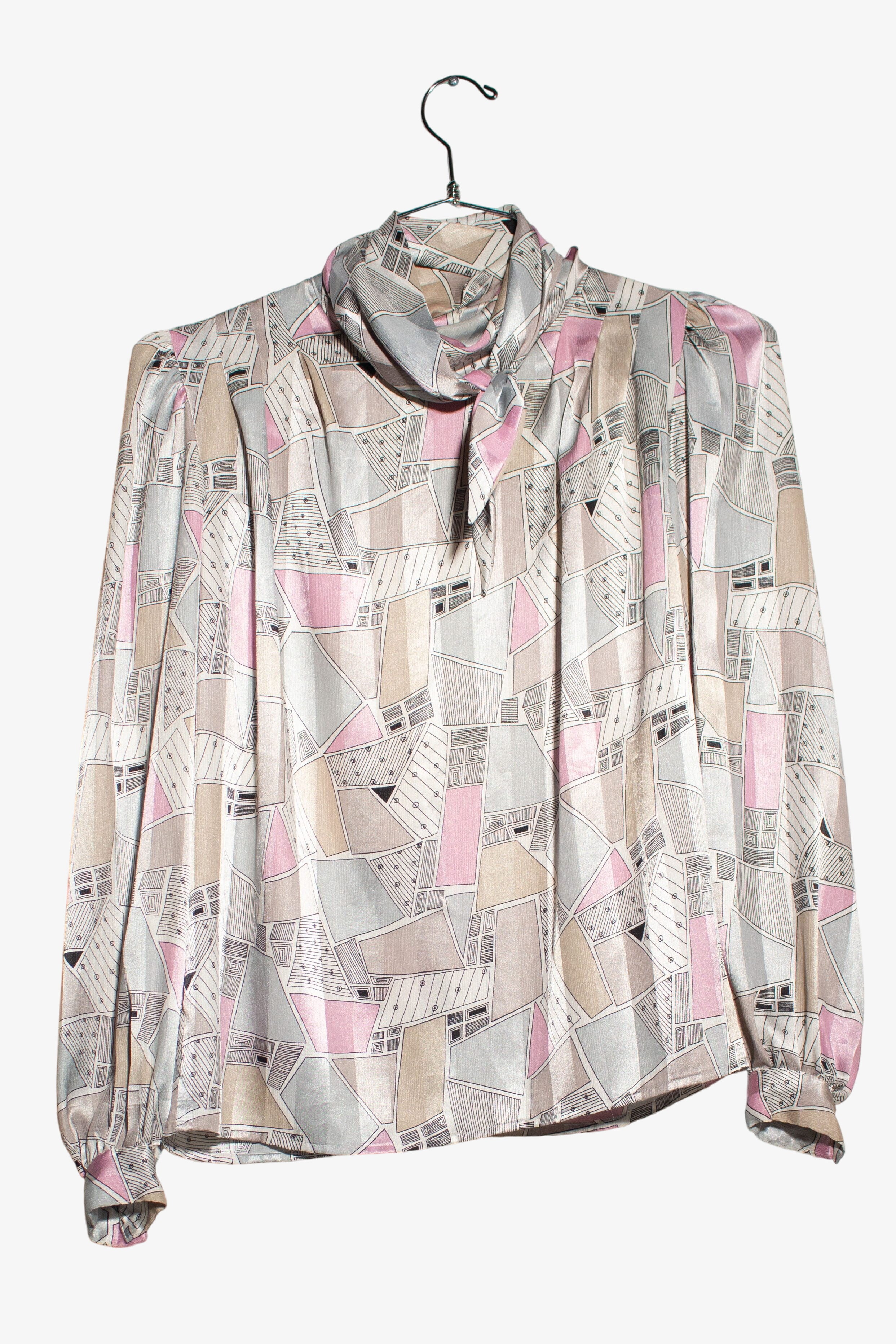Vintage Abstract Button Back Tie Neck Blouse (1980s)