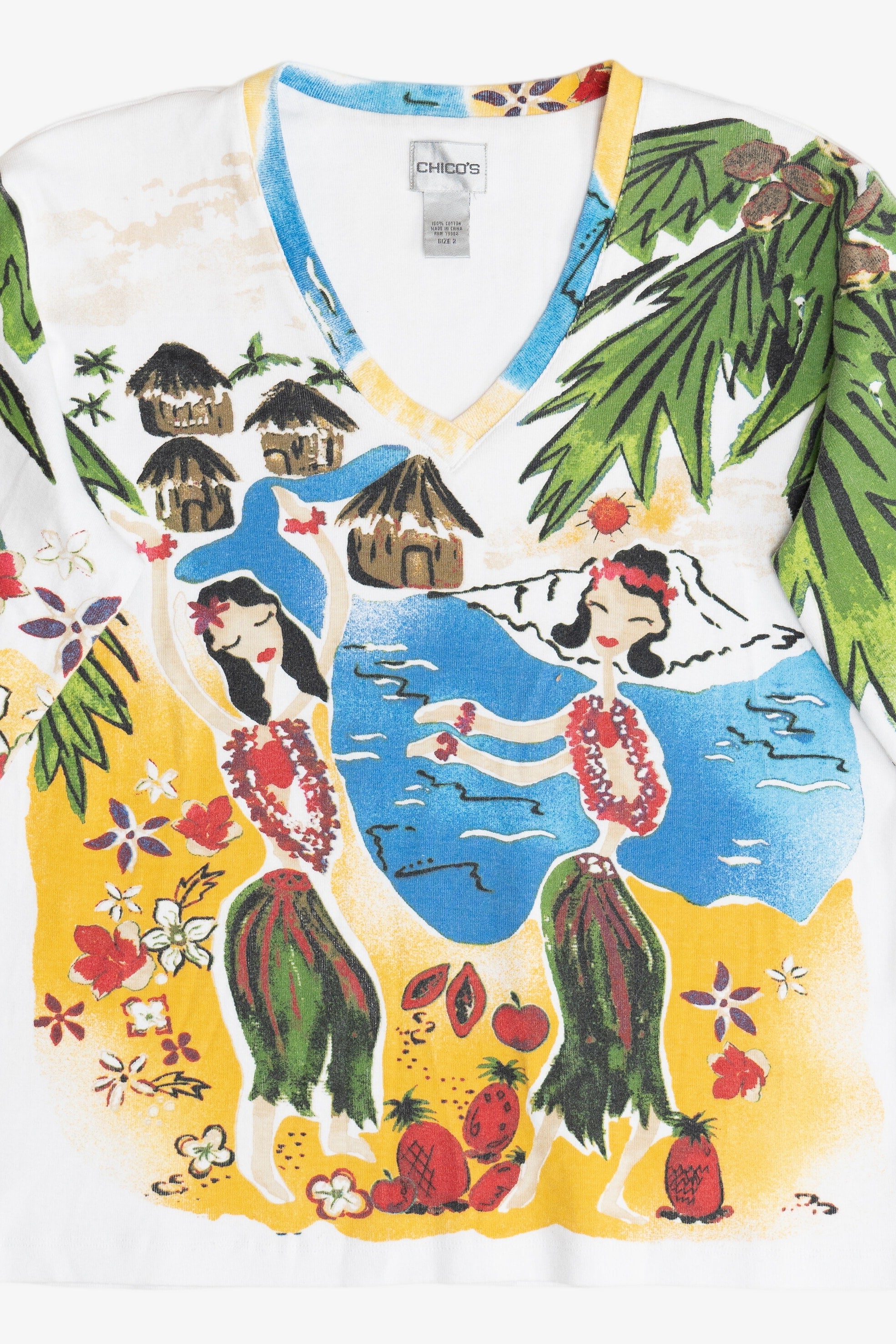 Vintage Tropical Hula Girls All Over Print 3/4 Sleeve Top (2000s)