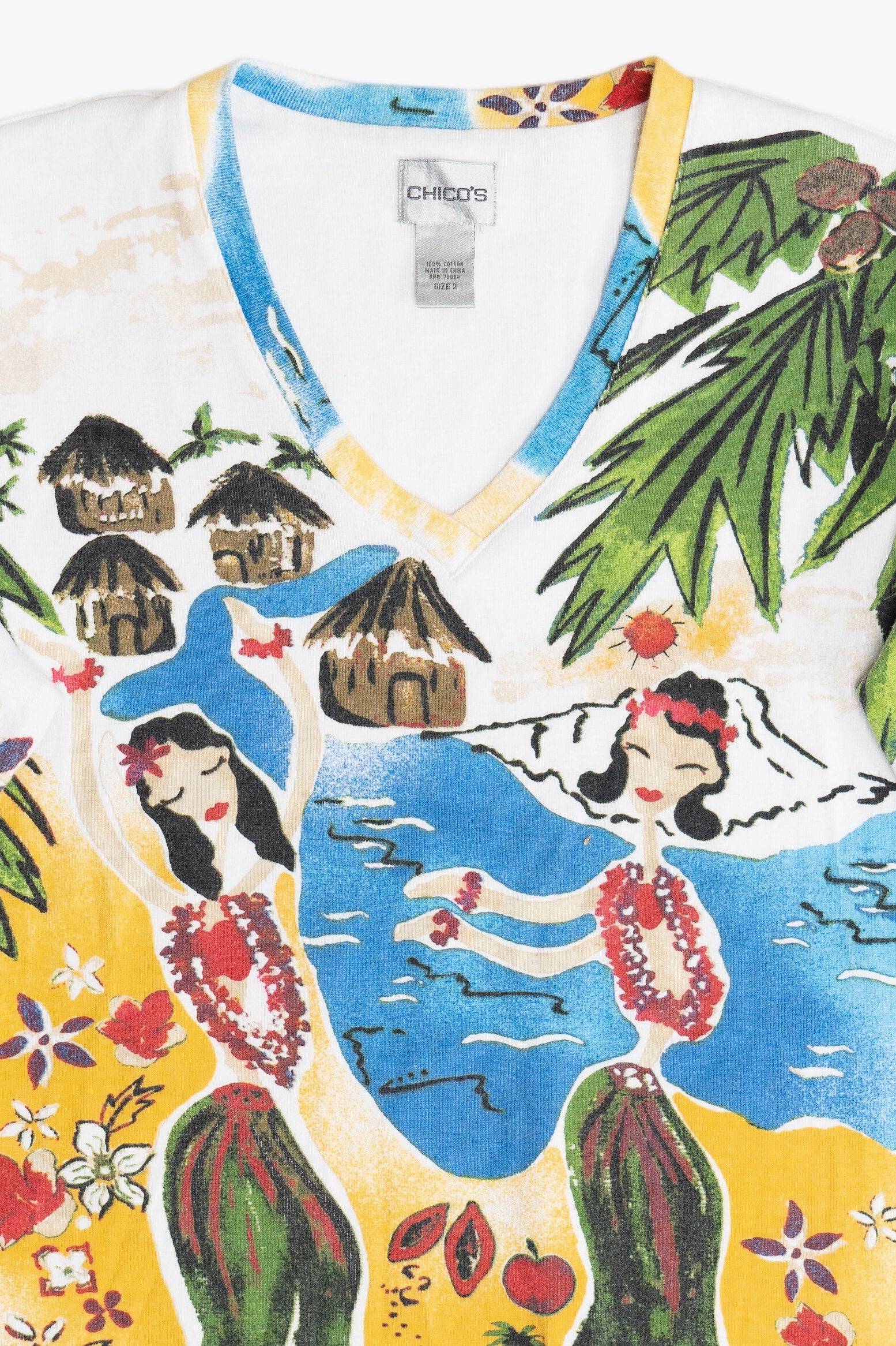 Vintage Tropical Hula Girls All Over Print 3/4 Sleeve Top (2000s)