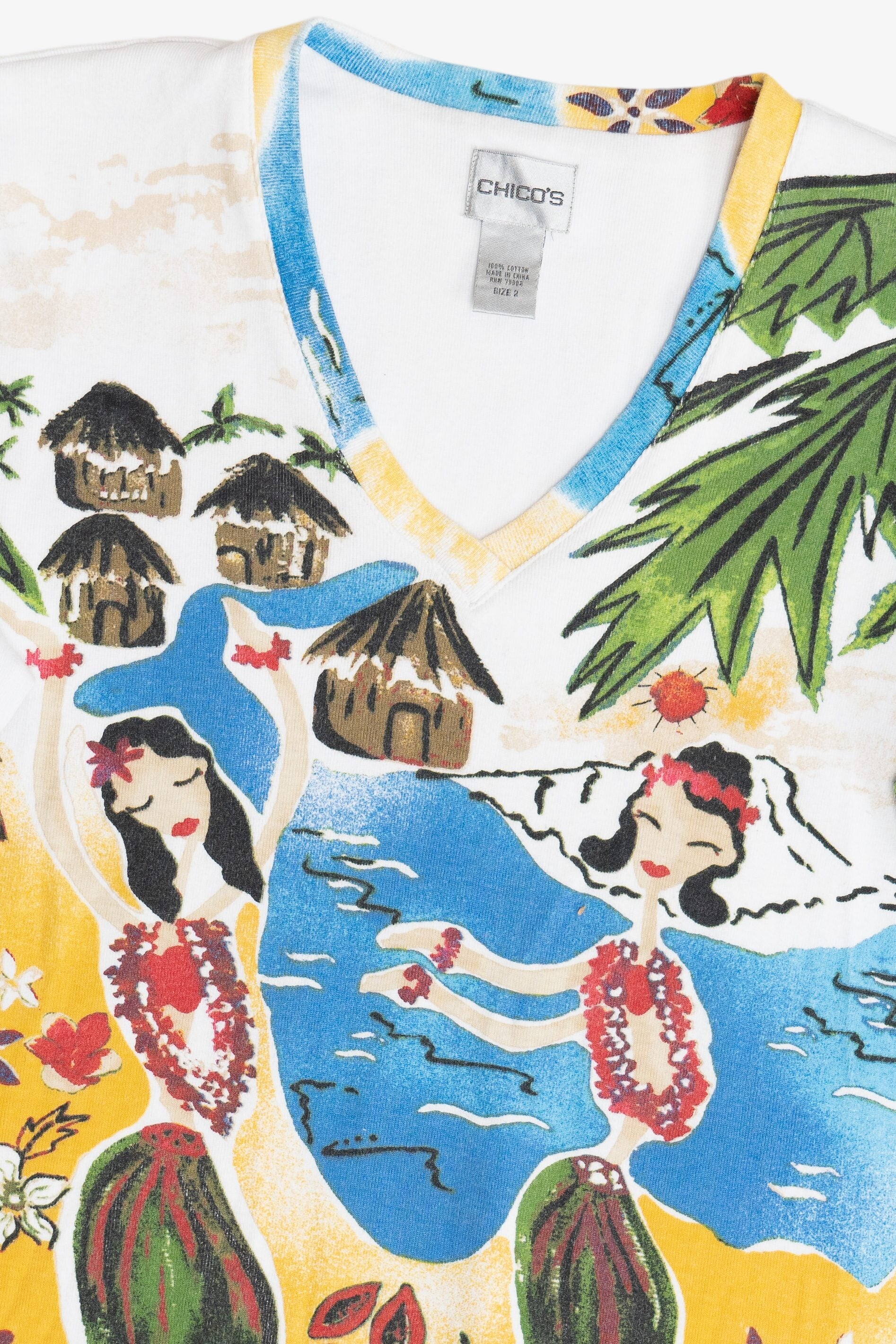 Vintage Tropical Hula Girls All Over Print 3/4 Sleeve Top (2000s)