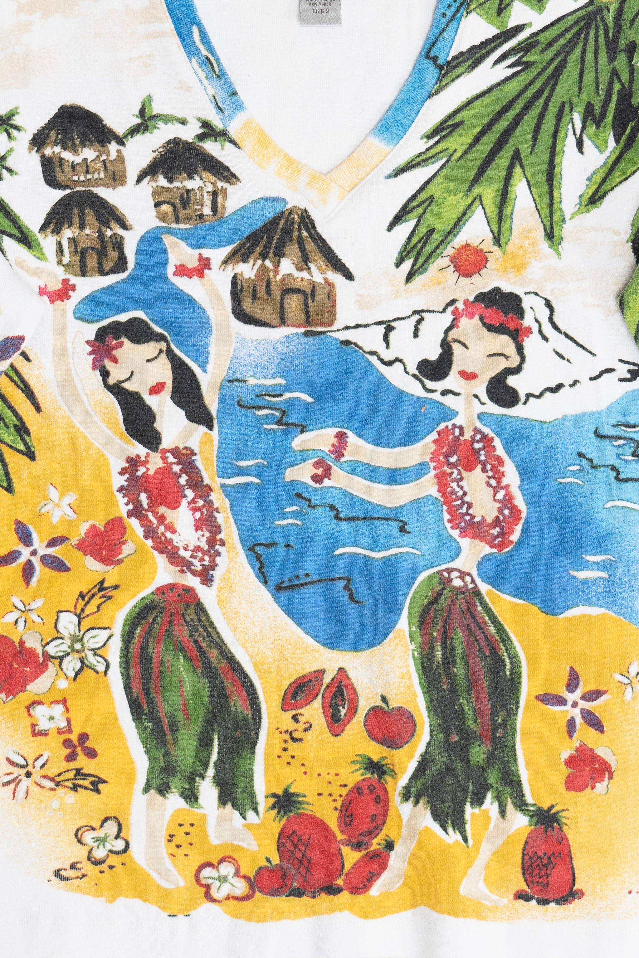 Vintage Tropical Hula Girls All Over Print 3/4 Sleeve Top (2000s)