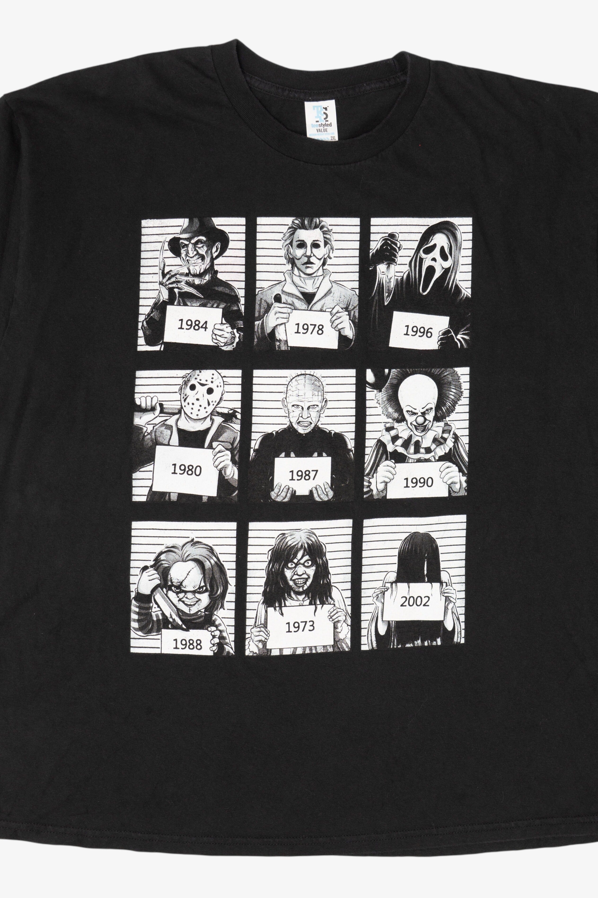 Black Tee Styled Horror Movie Icons Police Line Up T-Shirt (2020s)