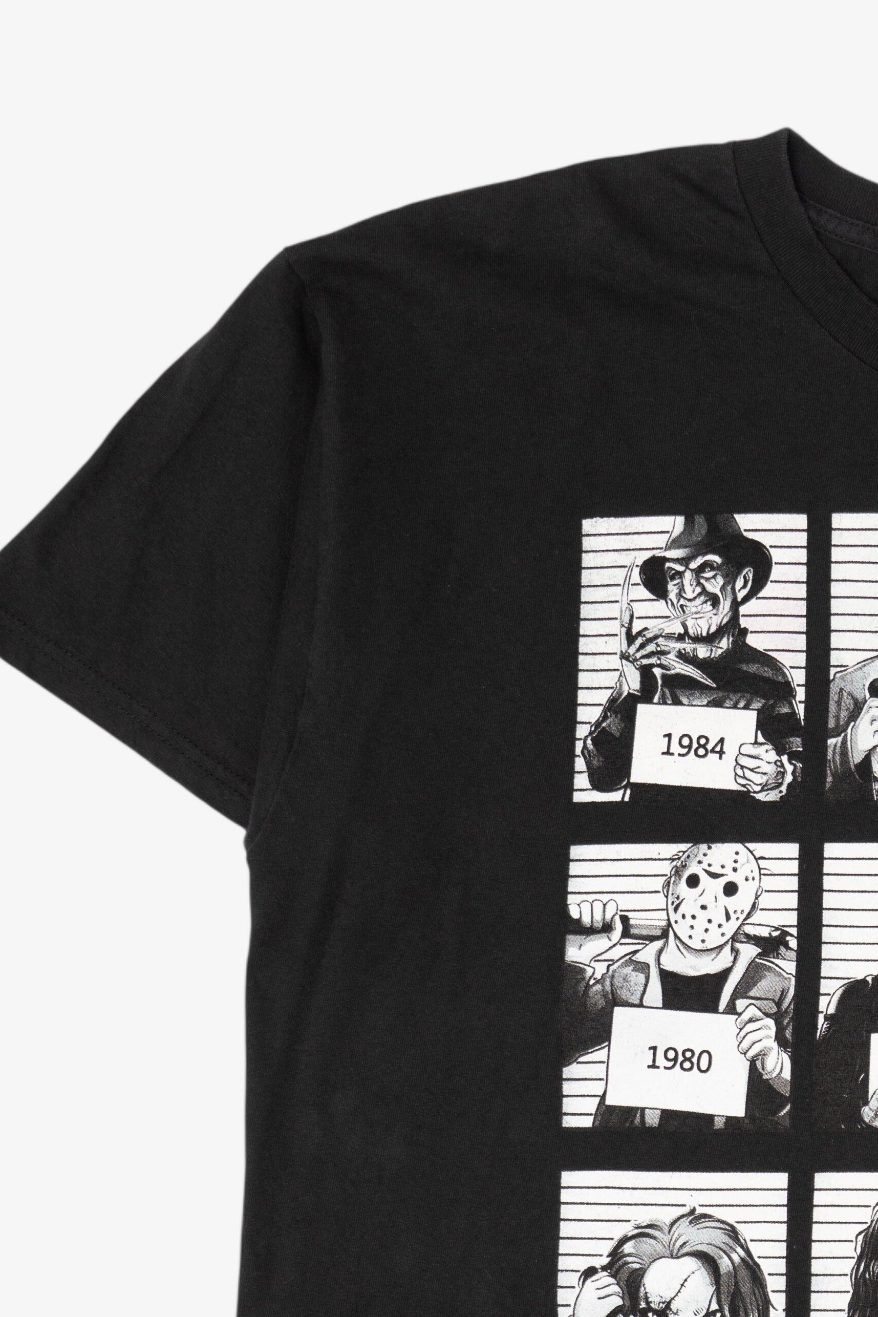 Black Tee Styled Horror Movie Icons Police Line Up T-Shirt (2020s)