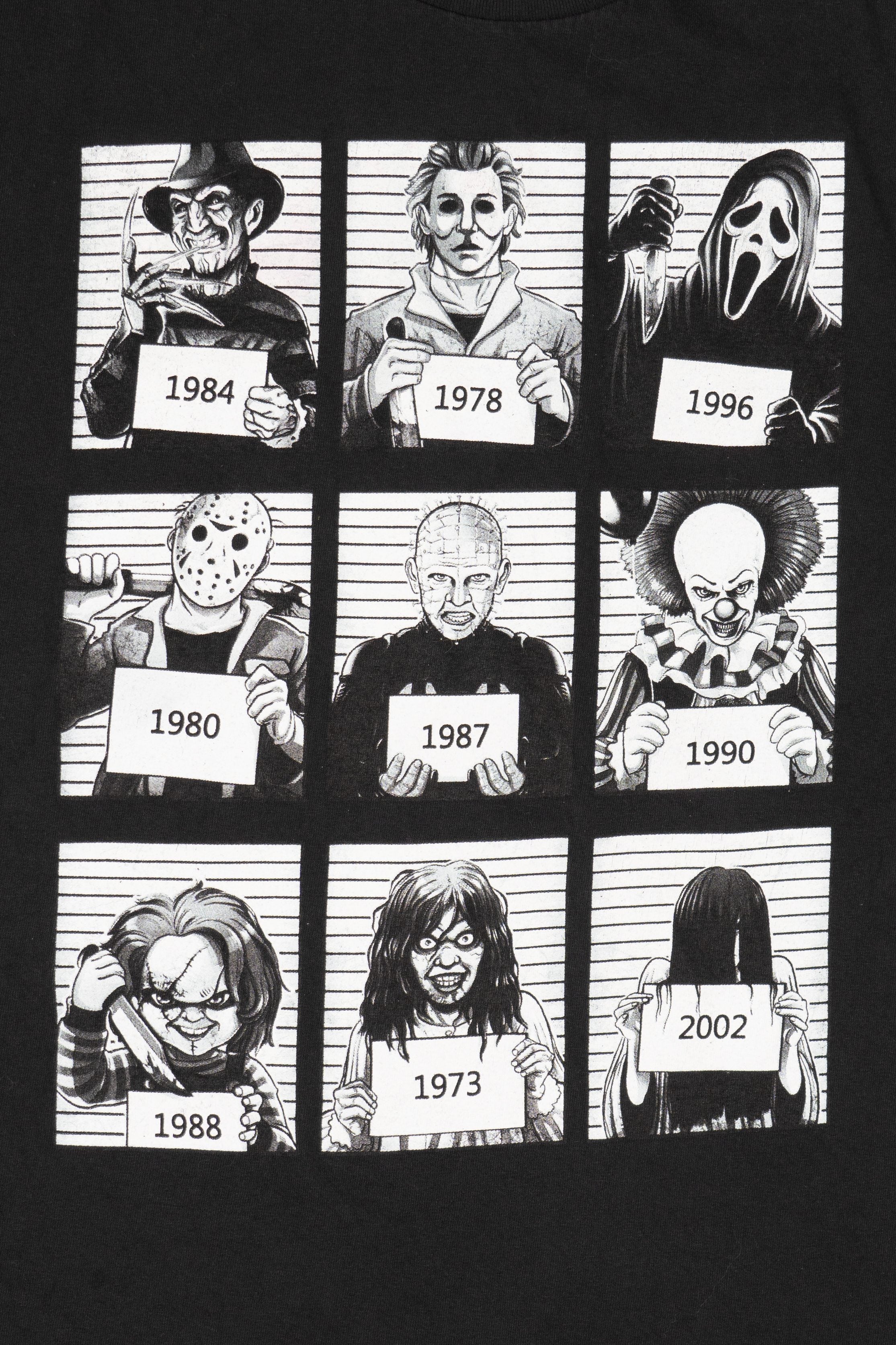 Black Tee Styled Horror Movie Icons Police Line Up T-Shirt (2020s)