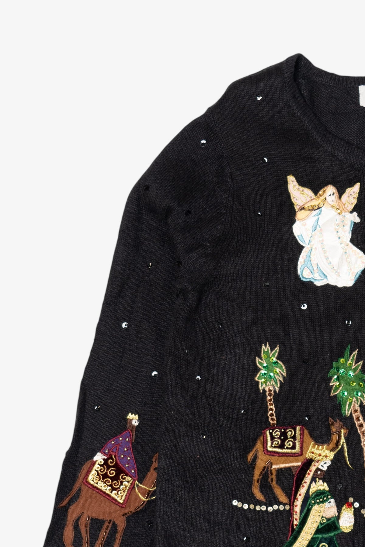 Vintage Black Tiara International Nativity Scene Ugly Christmas Cardigan (2000s)