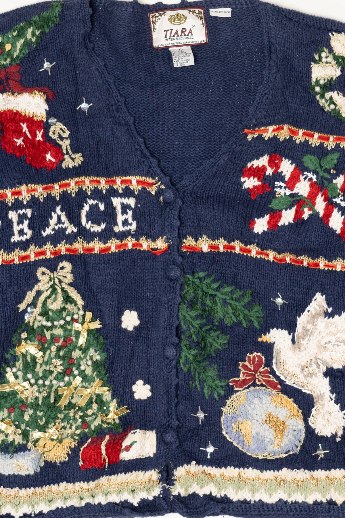 Vintage Blue Tiara International "Peace" Ugly Christmas Cardigan (1990s)