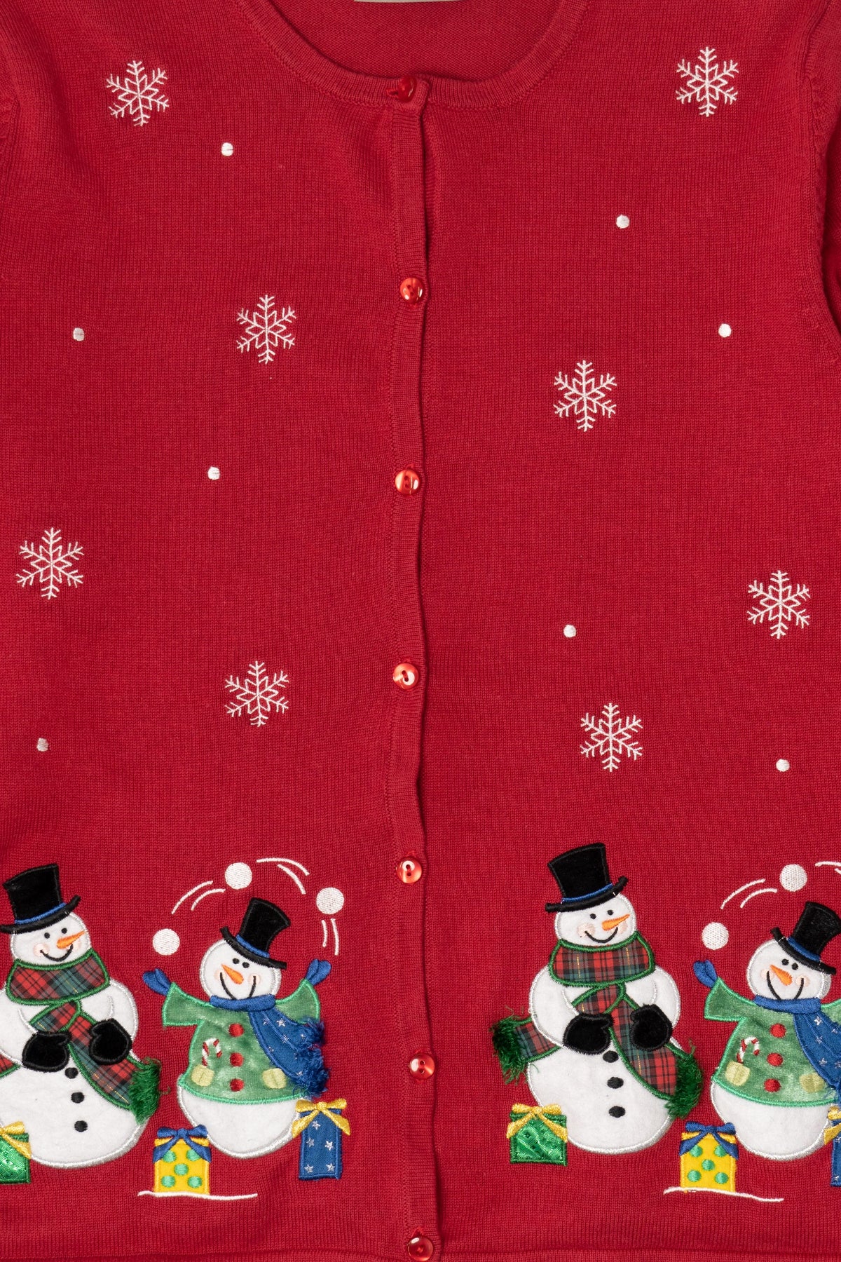 Vintage Red Y2k Lightweight Snowmen Ugly Christmas Cardigan (2000s)