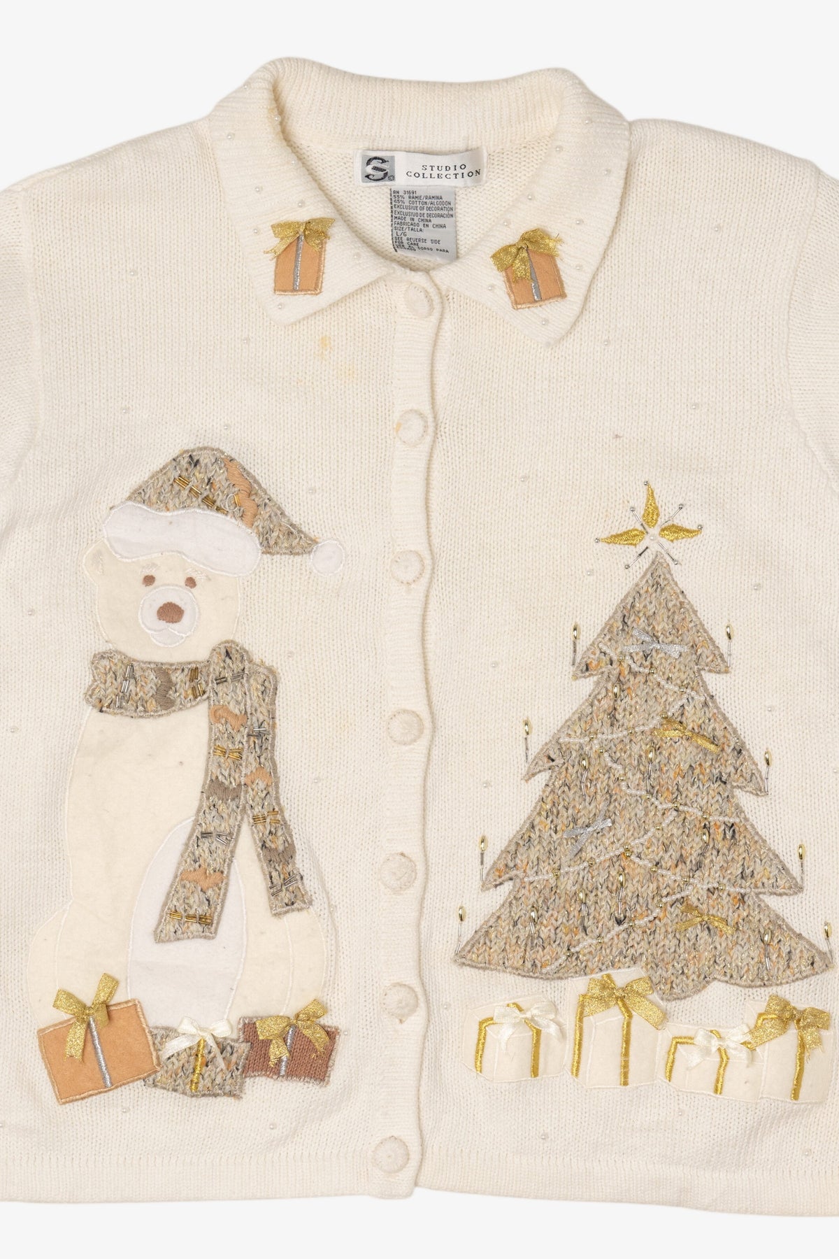 Vintage White Studio Collection Teddy Bear Ugly Christmas Cardigan (2000s)