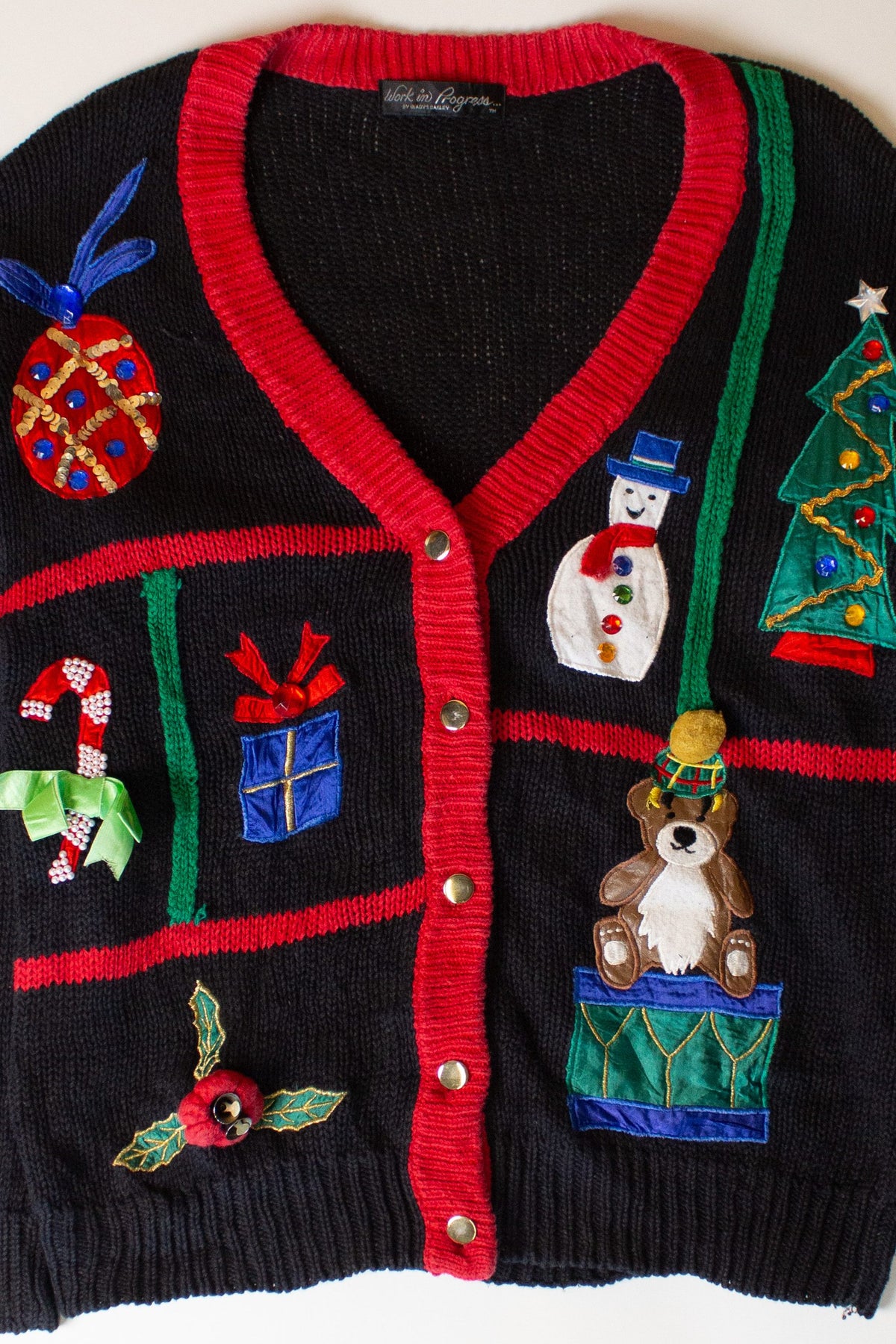 Vintage Black Blocked Collage Ugly Christmas Cardigan (1990s)