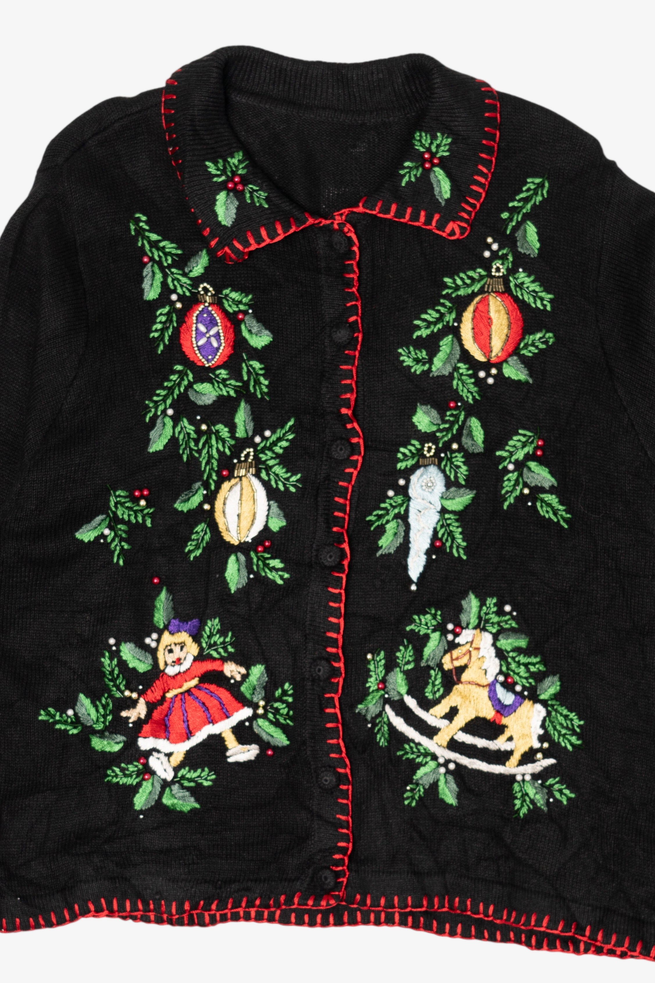 Vintage Black Embroidered Ornaments Ugly Christmas Cardigan (1990s)
