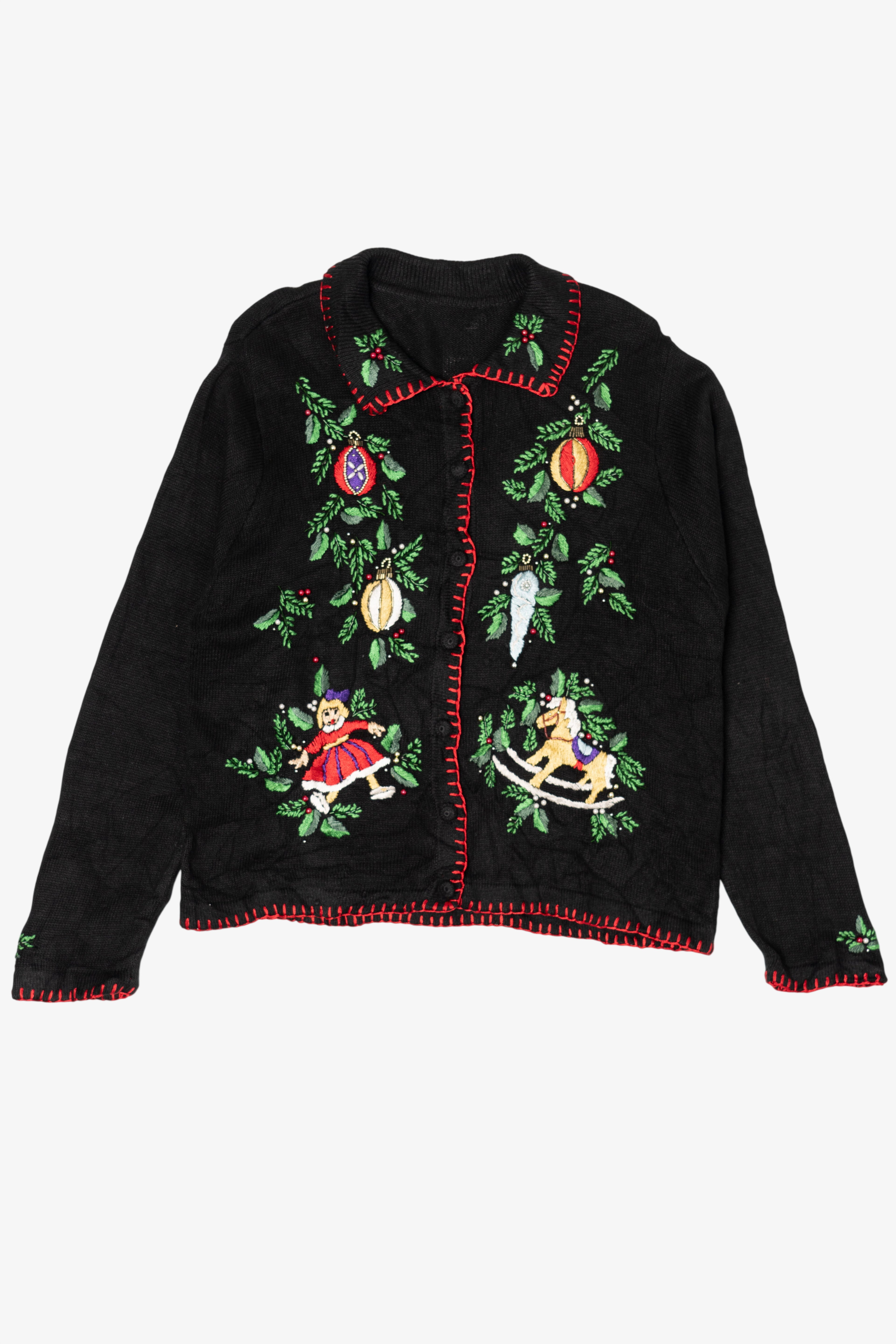 Vintage Black Embroidered Ornaments Ugly Christmas Cardigan (1990s)