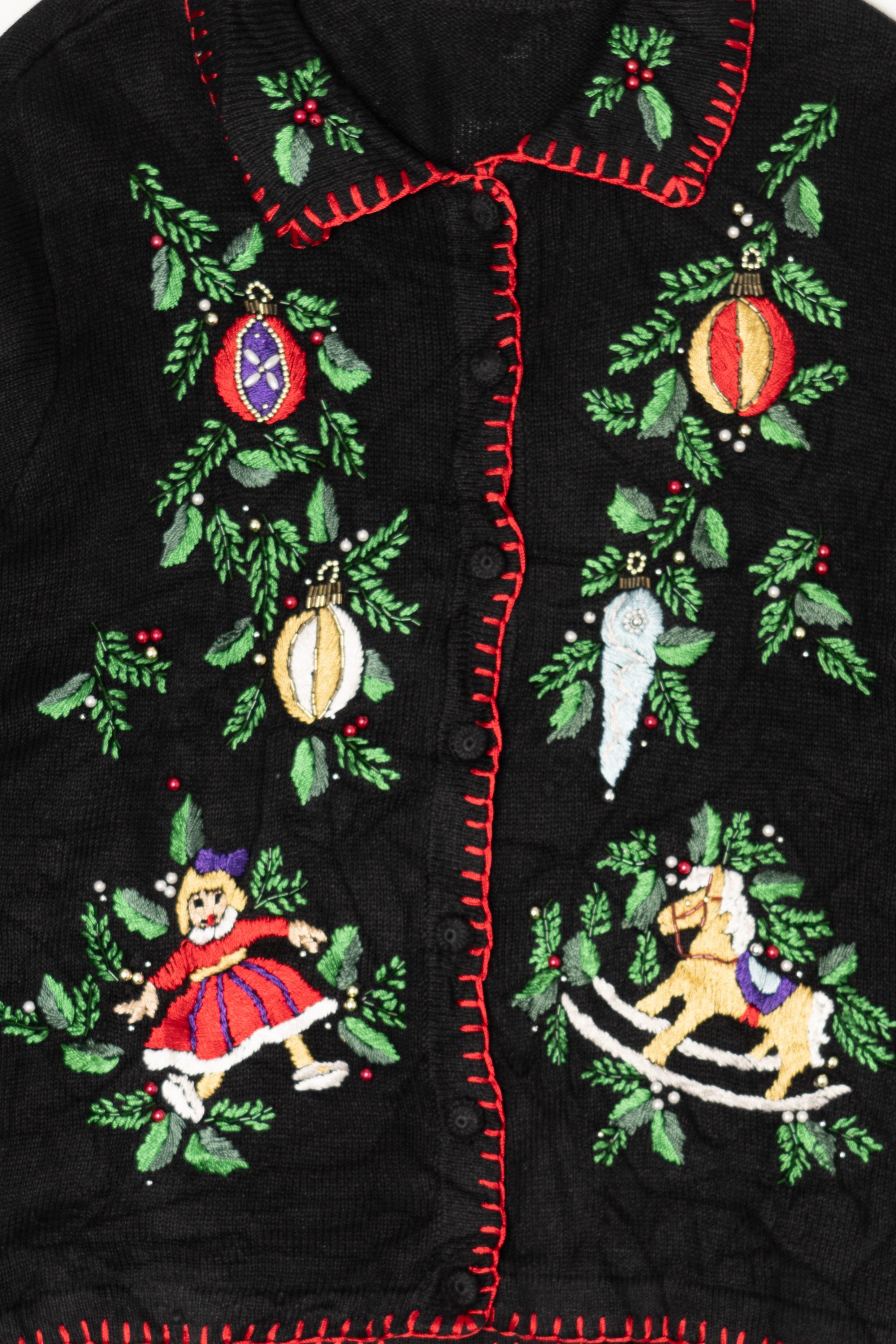 Vintage Black Embroidered Ornaments Ugly Christmas Cardigan (1990s)