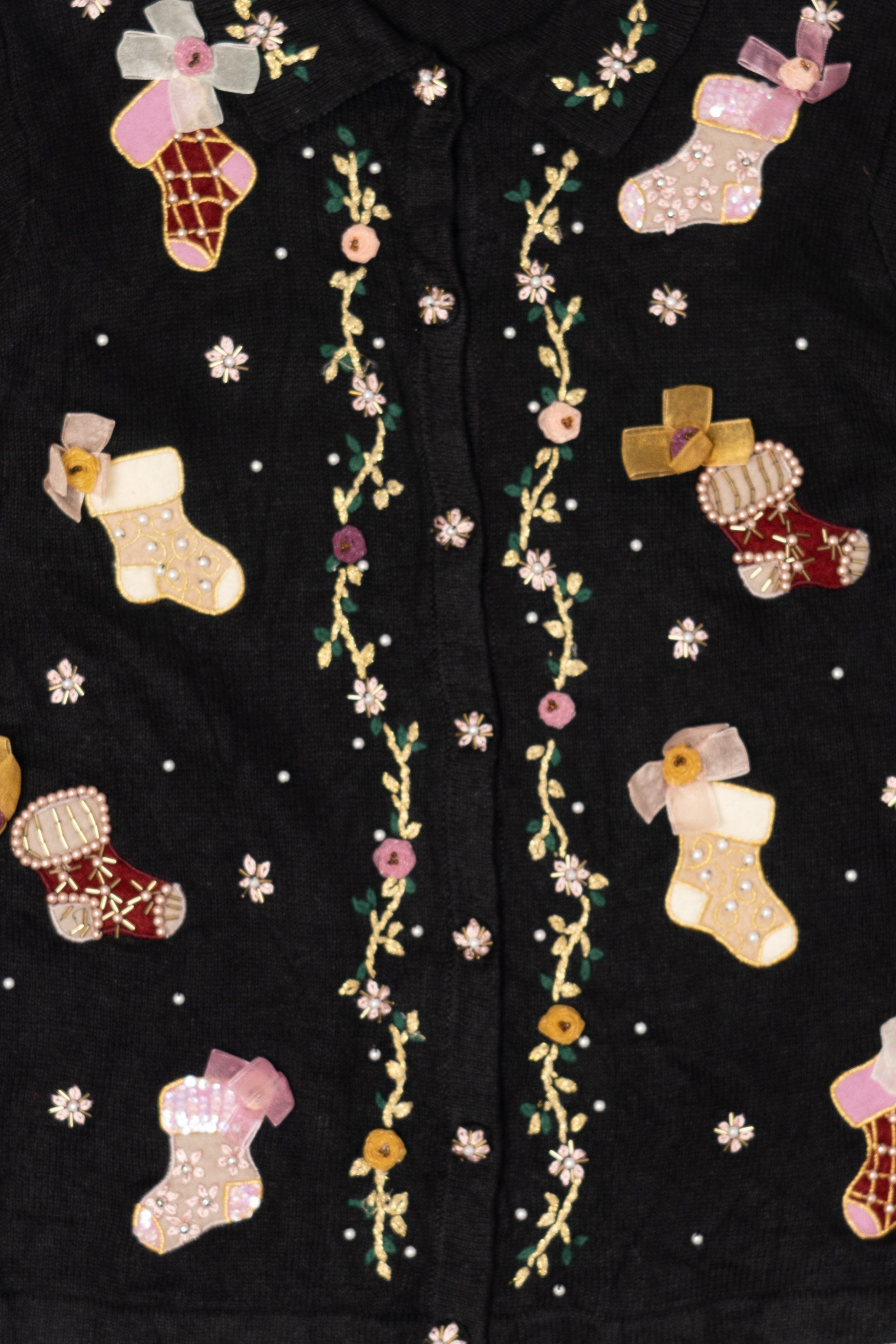 Vintage Black B.P Design Stockings Ugly Christmas Cardigan (1990s)