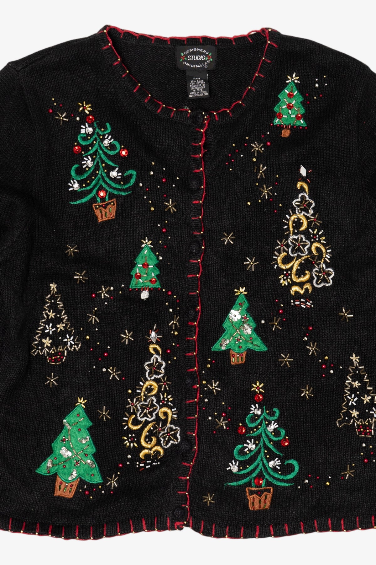 Vintage Black Designers Studio Originals Trees Ugly Christmas Cardigan (1990s)