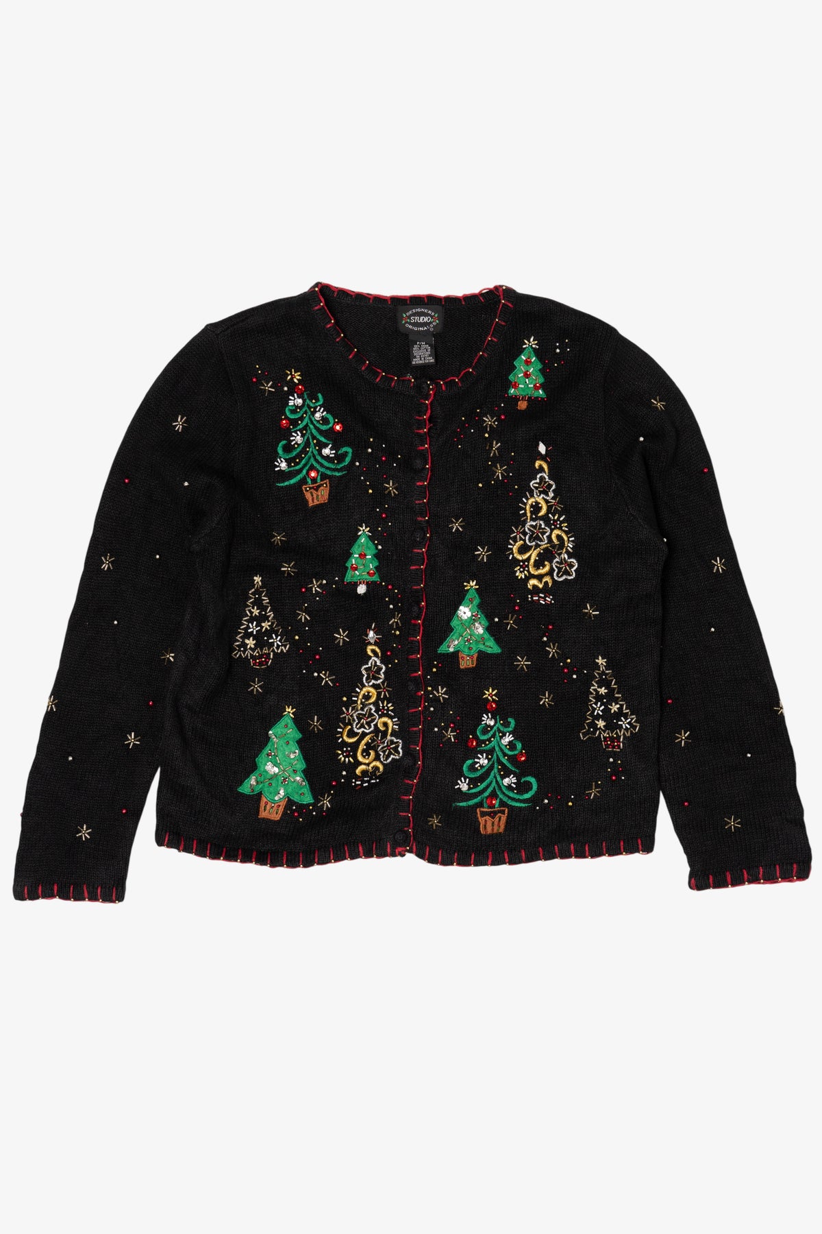 Vintage Black Designers Studio Originals Trees Ugly Christmas Cardigan (1990s)
