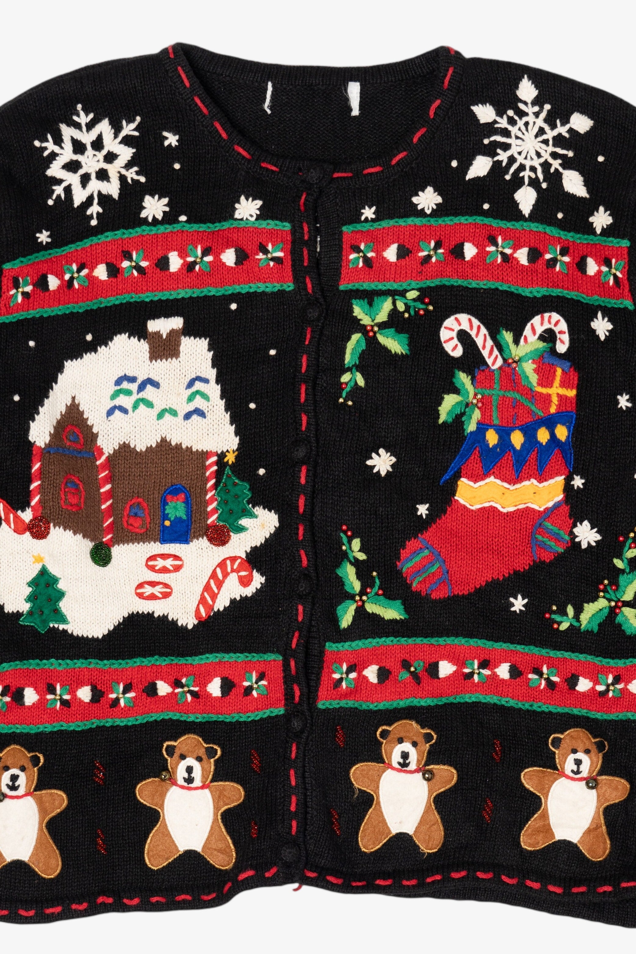 Vintage Black Gingerbread House And Stocking Ugly Christmas Cardigan (1990s)