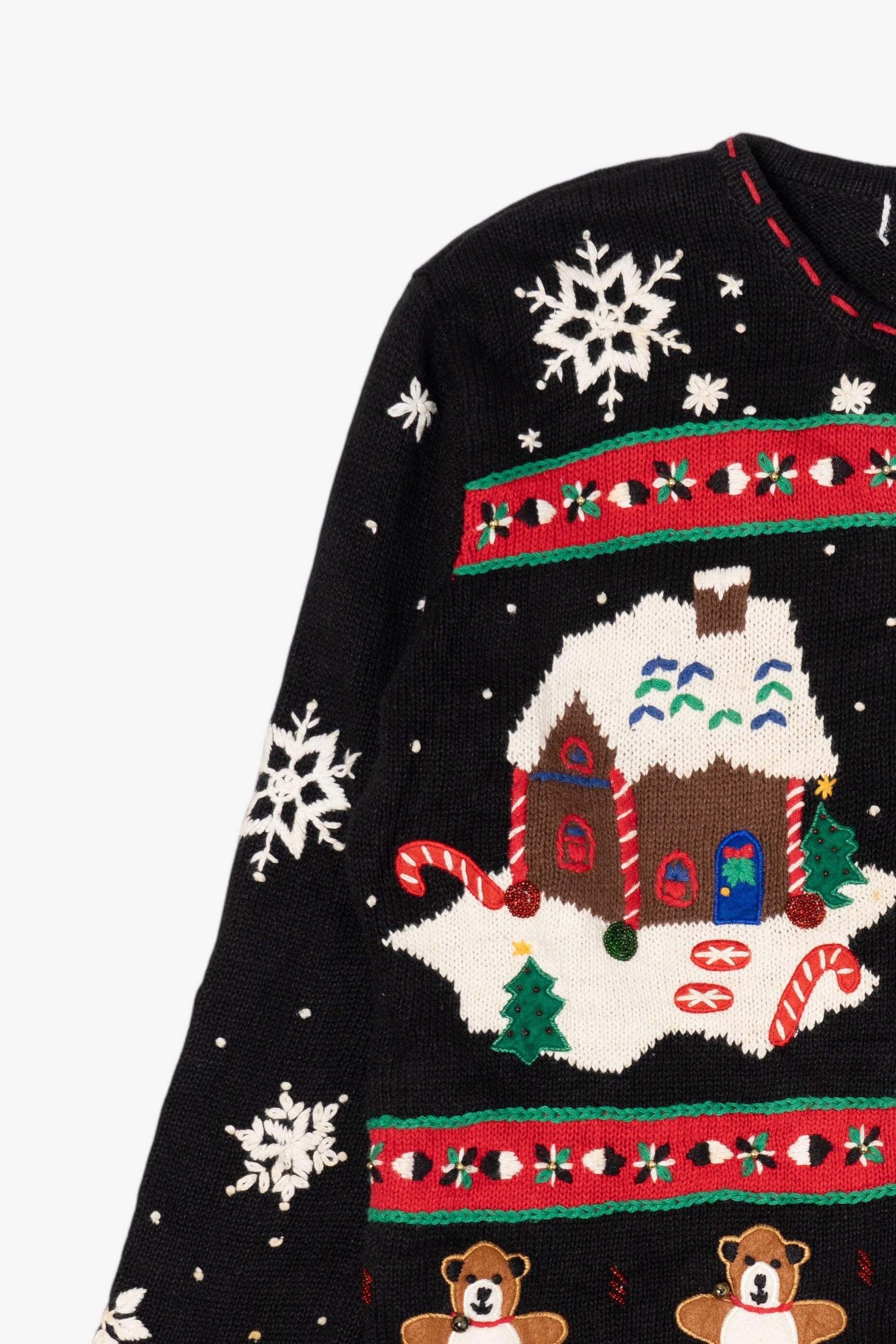 Vintage Black Gingerbread House And Stocking Ugly Christmas Cardigan (1990s)