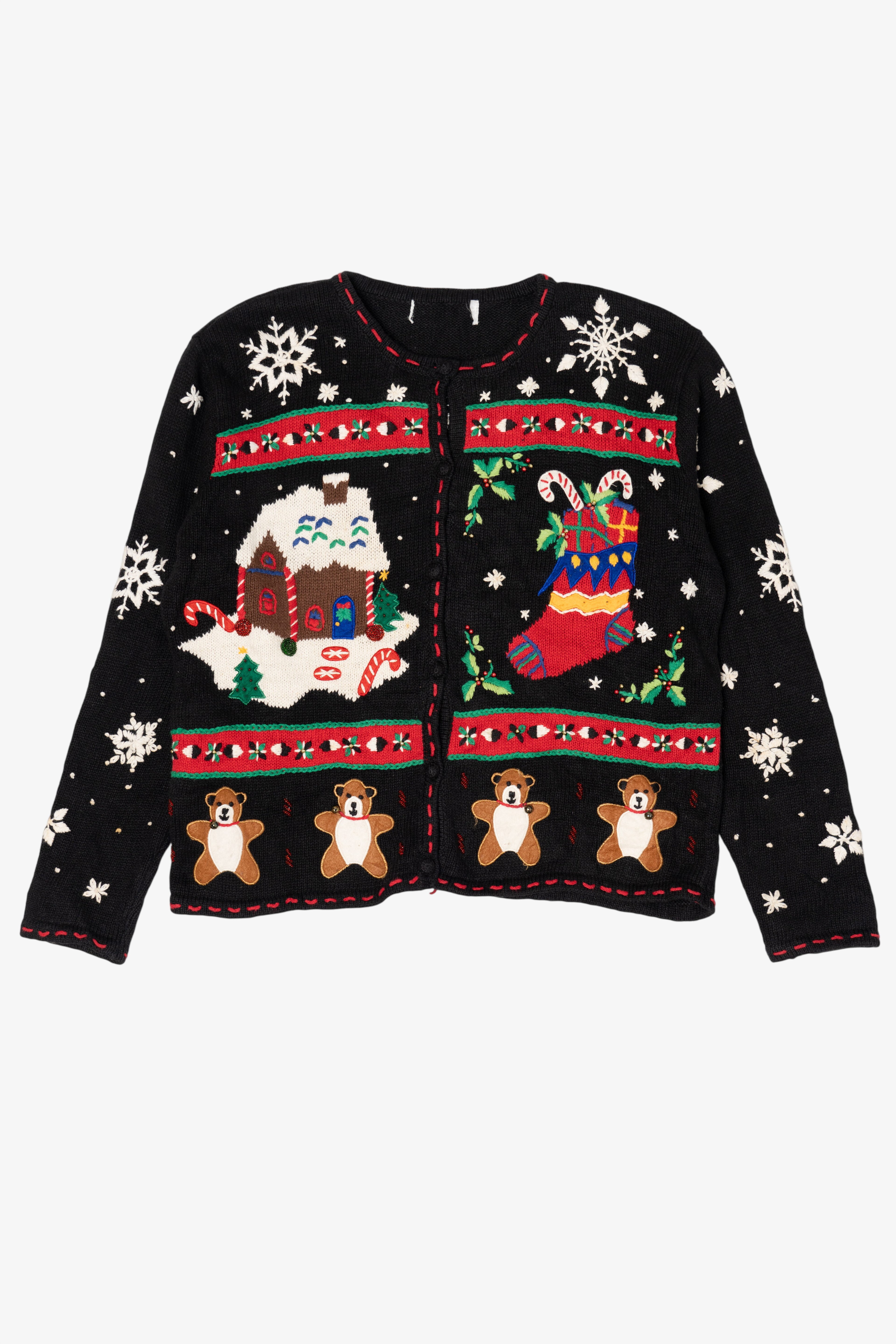 Vintage Black Gingerbread House And Stocking Ugly Christmas Cardigan (1990s)