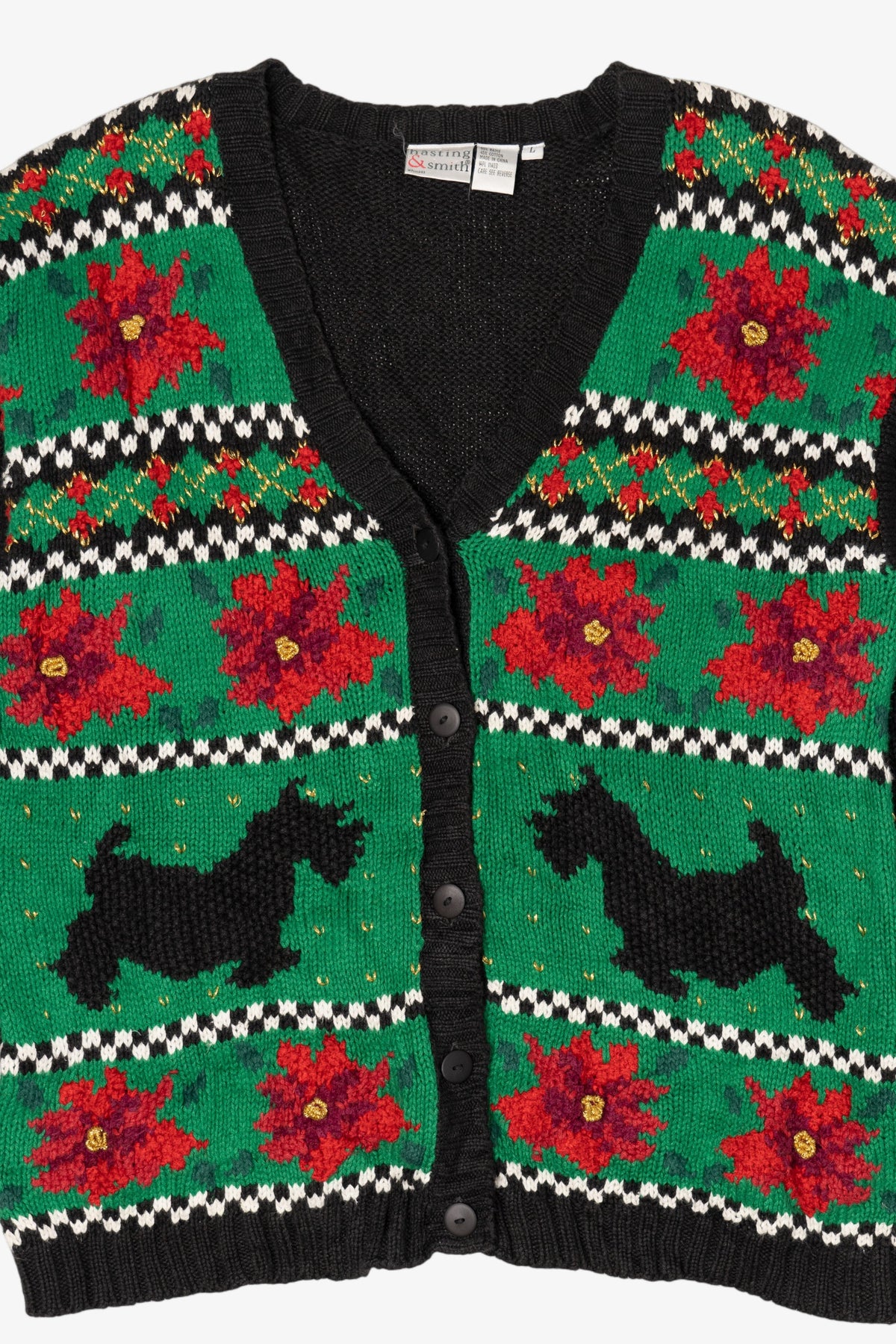 Vintage Green Hasting & Smith Dogs And Poinsettias Ugly Christmas Cardigan (1990s)