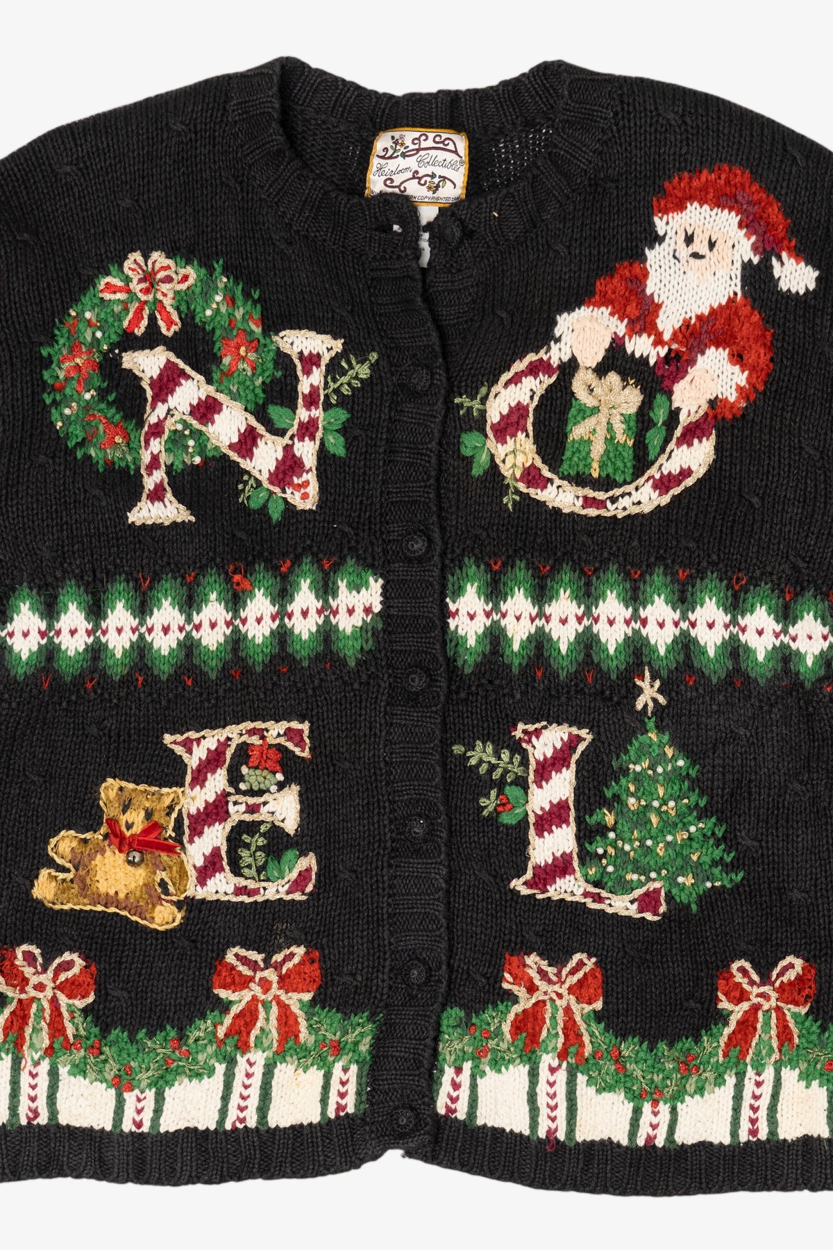 Vintage Black Heirloom Collectibles "Noel" Ugly Christmas Cardigan (1990s)