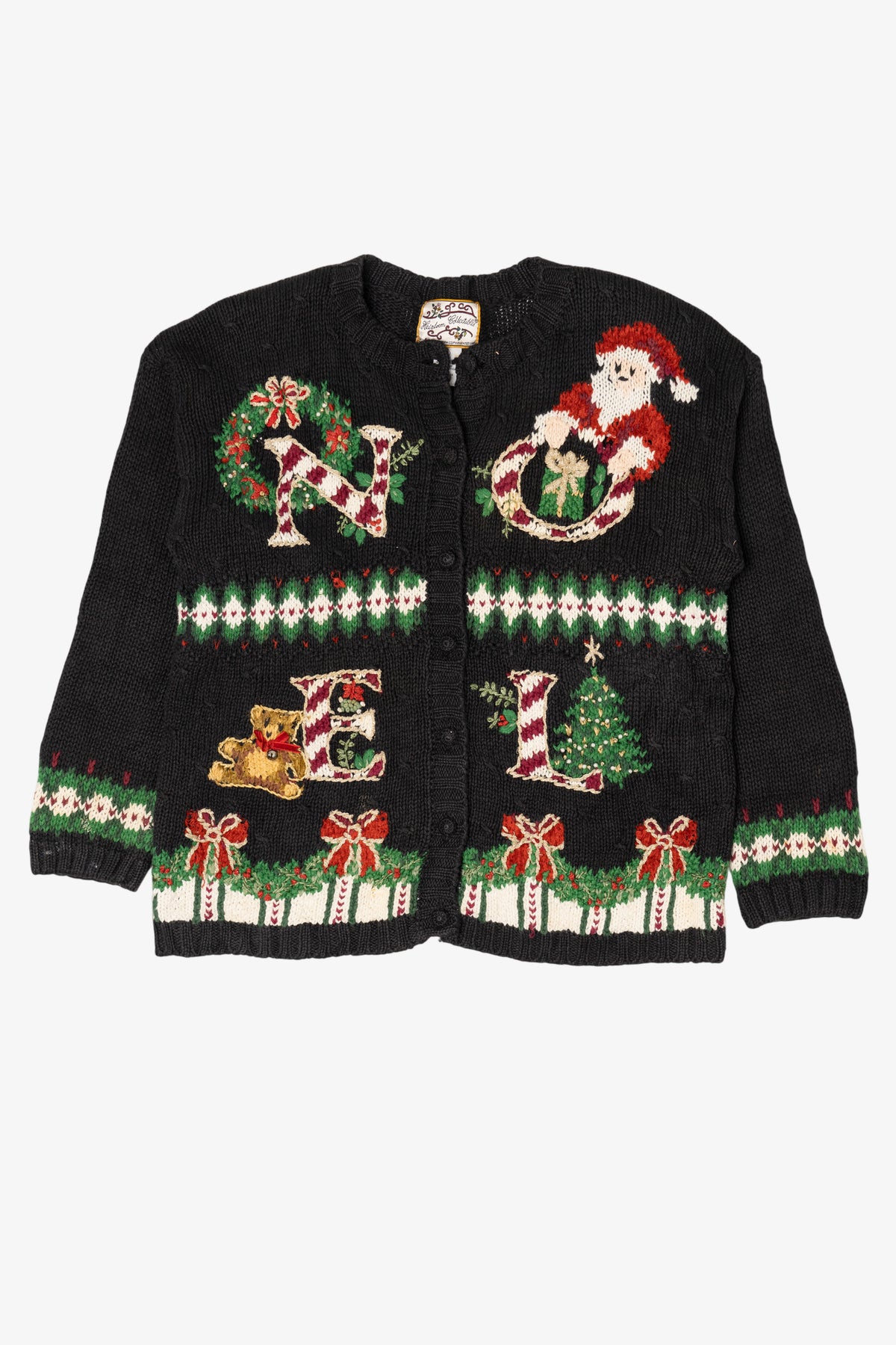 Vintage Black Heirloom Collectibles "Noel" Ugly Christmas Cardigan (1990s)