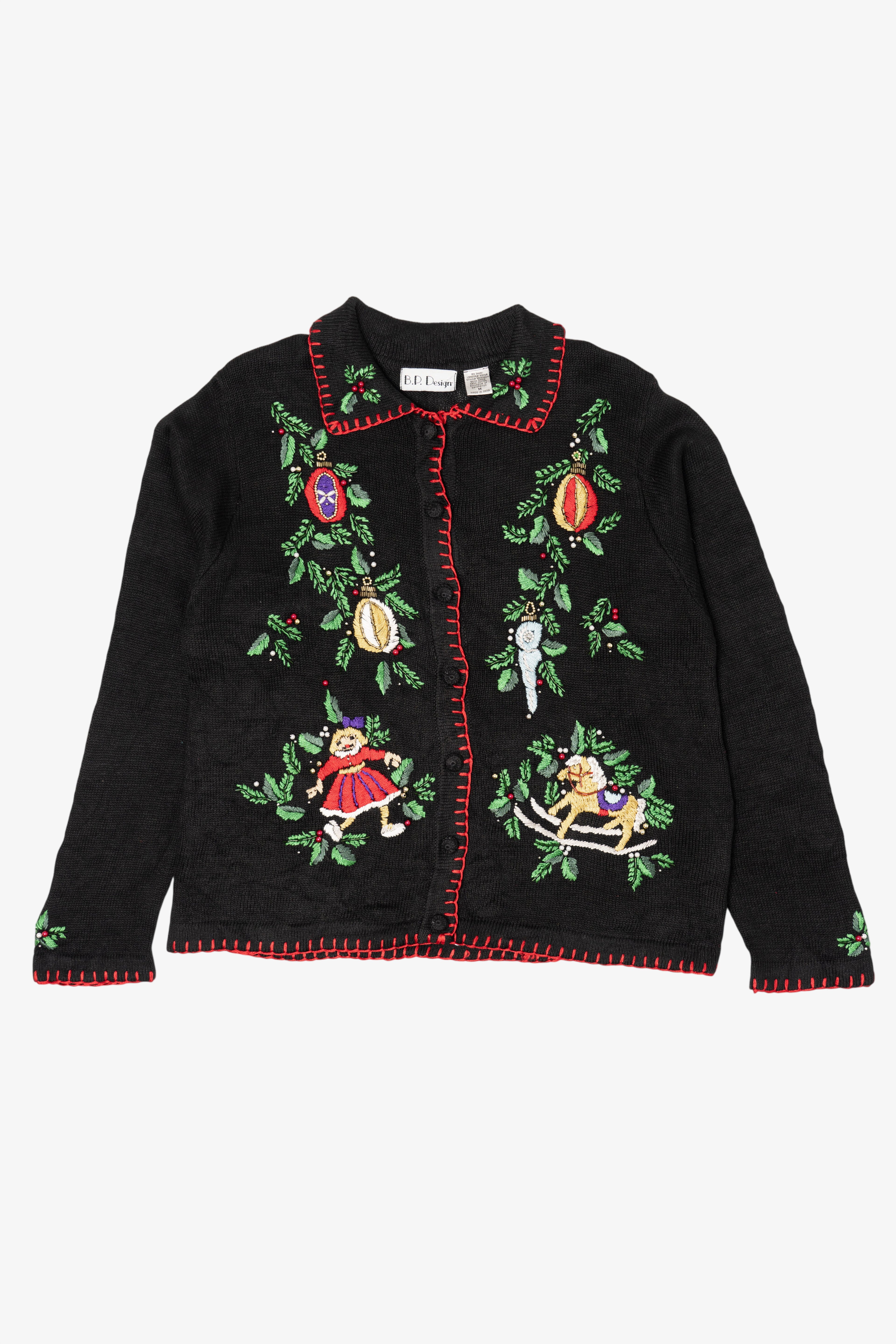 Vintage Embroidered Black B.P. Design Ugly Christmas Cardigan (1990s)