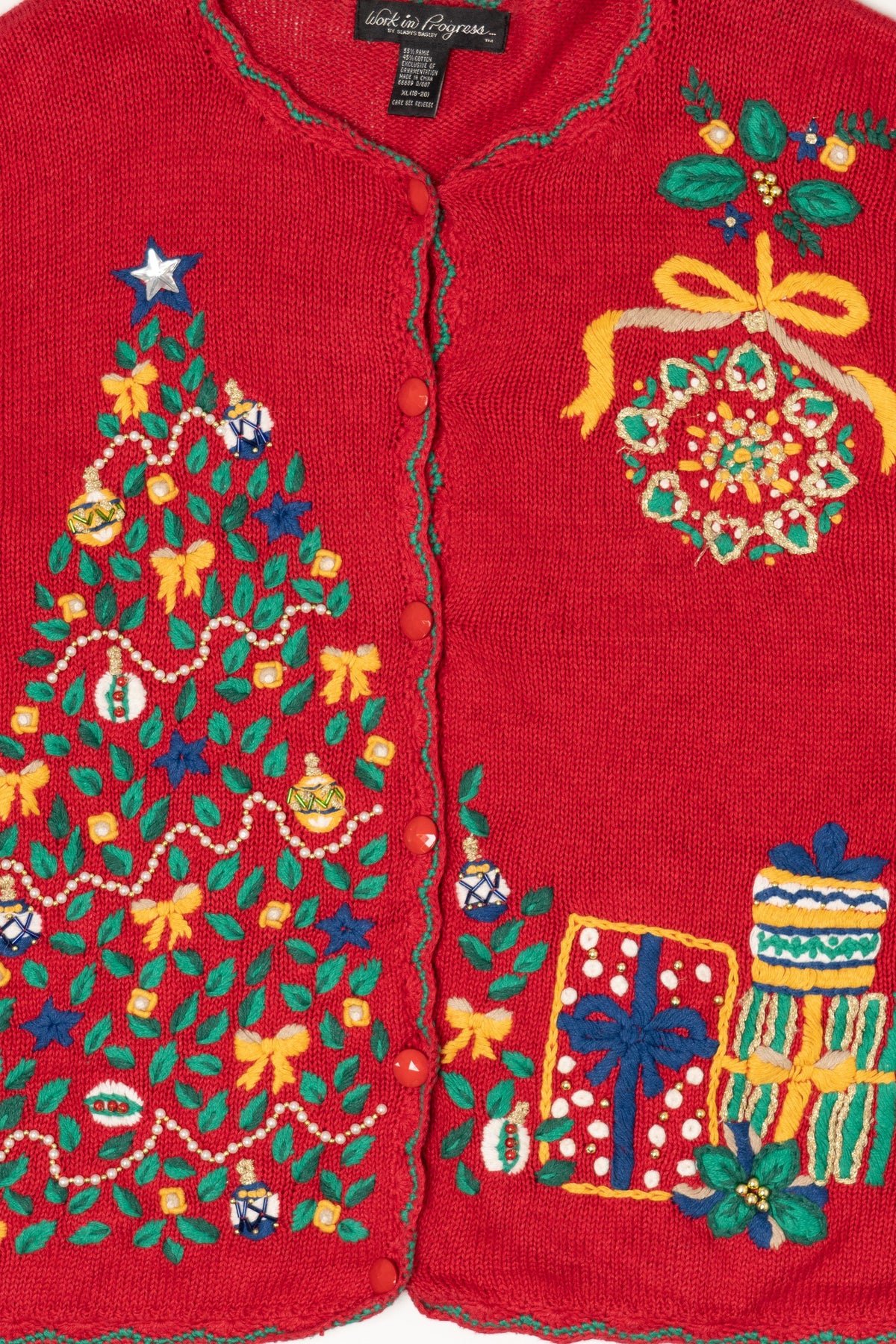 Vintage Red Work in Progress Tree Ugly Christmas Cardigan (2000s)