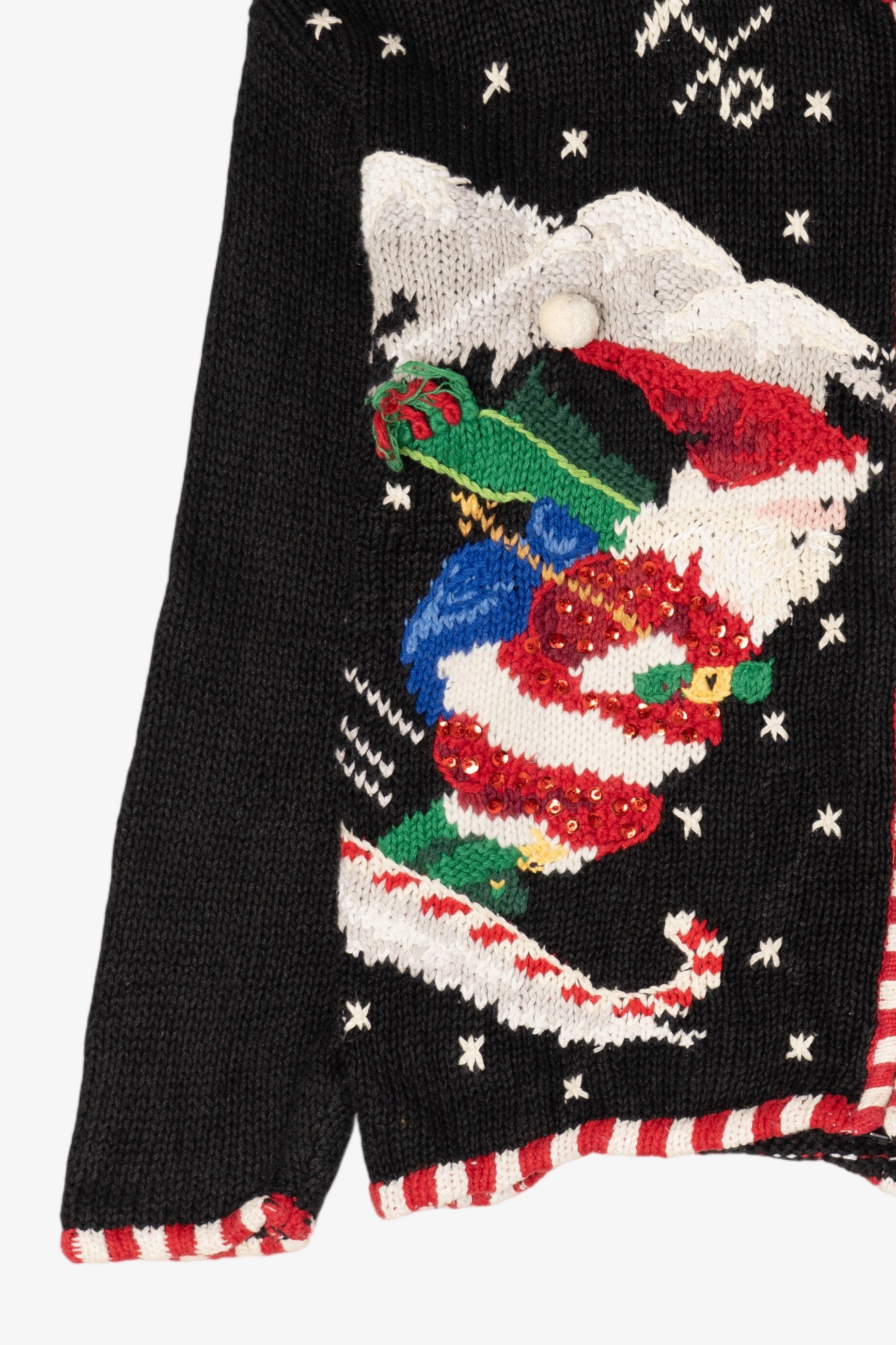 Vintage Black Studio Works Santa Skiing Parachuting Ugly Christmas Cardigan (1990s)